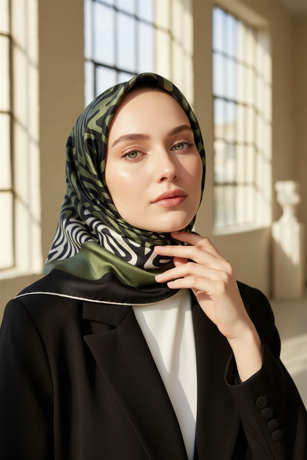 100% Twill İpek Bordürlü Dalga Desenli Siyah - Haki Renkli 90x90 Dikim Şekli : El Dikişi Eşarp