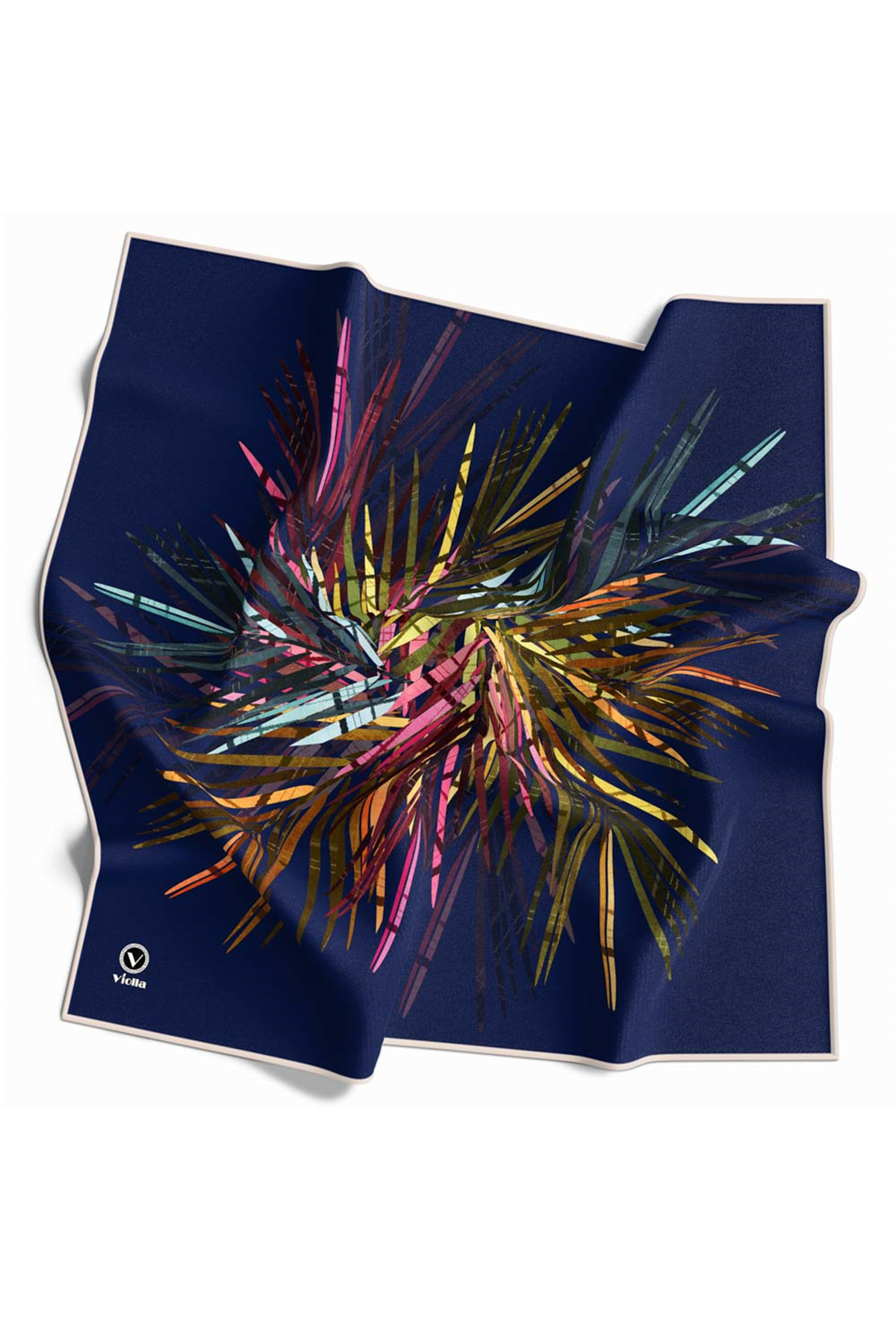 Twill Havai Fişek Desenli Lacivert Renkli 90x90 Eşarp (İpek İçermez) Kenar Dikiş Şekli El Dikişli