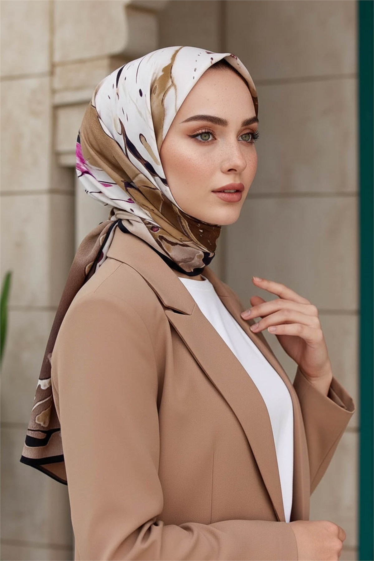 KREP BATİK DESENLİ SÜTLÜ KAHVE - MÜRDÜM RENKLİ 75X195 KIRIŞMAZ ŞAL