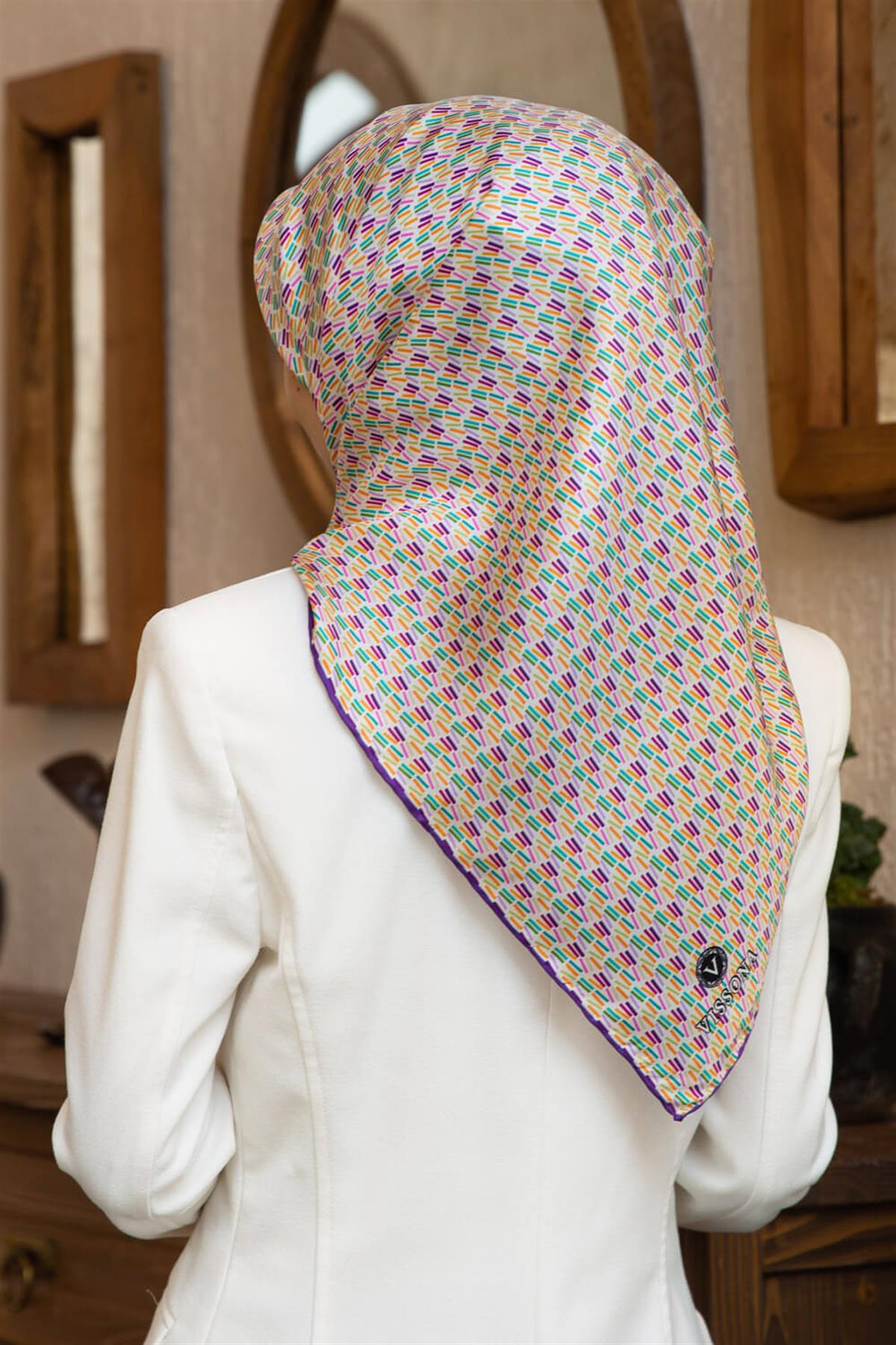 %100 Twill İpek Çizgi Desenli Mor Renkli 90x90 Eşarp Dikim Şekli : El Dikişi