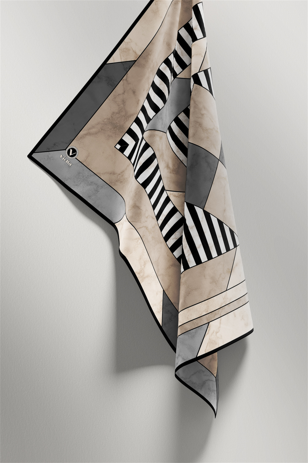 Twill Çizgili Geometrik Mermer Desenli Gri Renkli 90x90 Eşarp (İpek İçermez) Kenar Dikiş Şekli El Dikişli