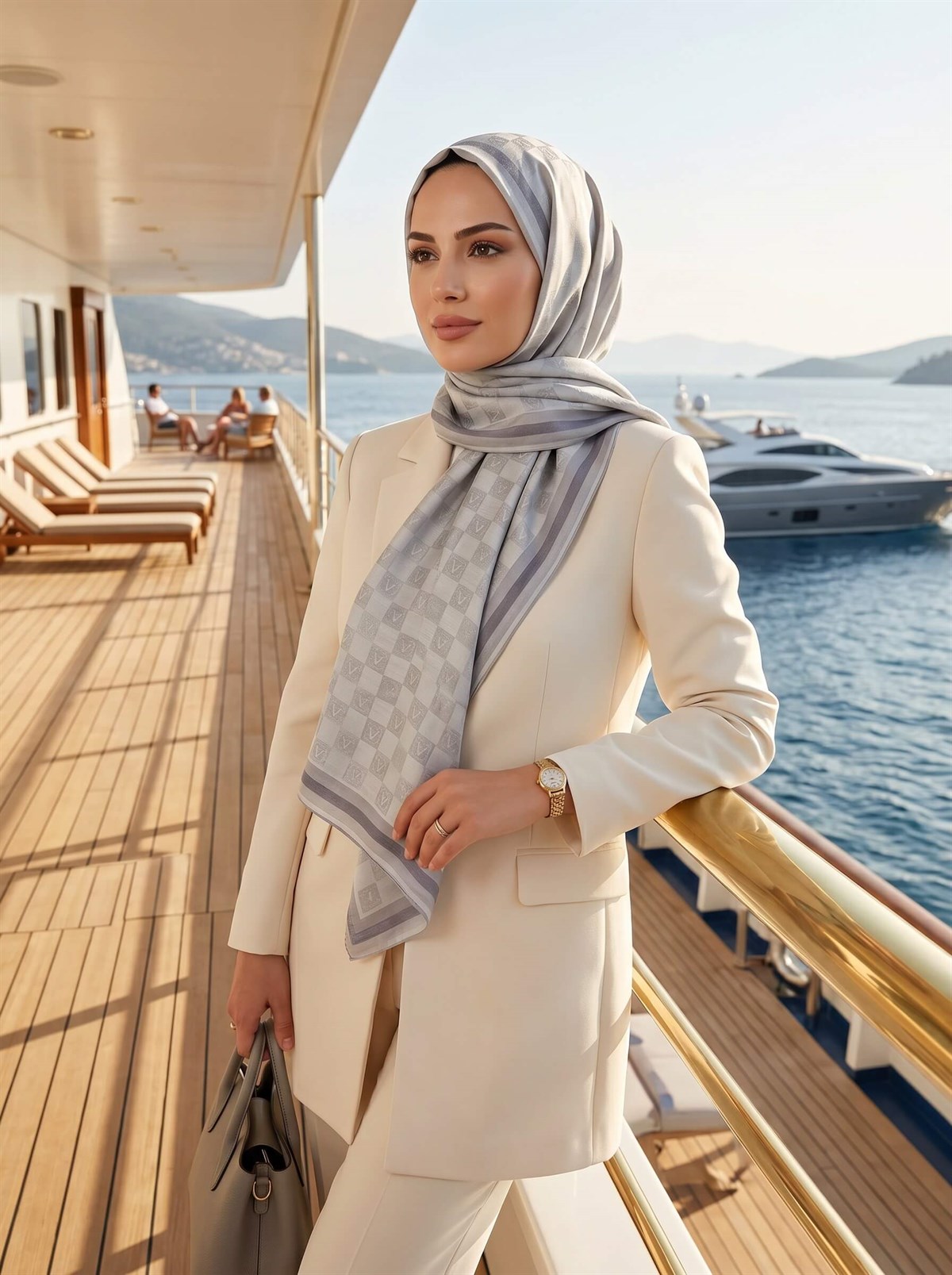 %57 İpek %43 Pamuk Monogram Desenli Gri Renkli 70X190 Yumuşak Dökümlü Şal