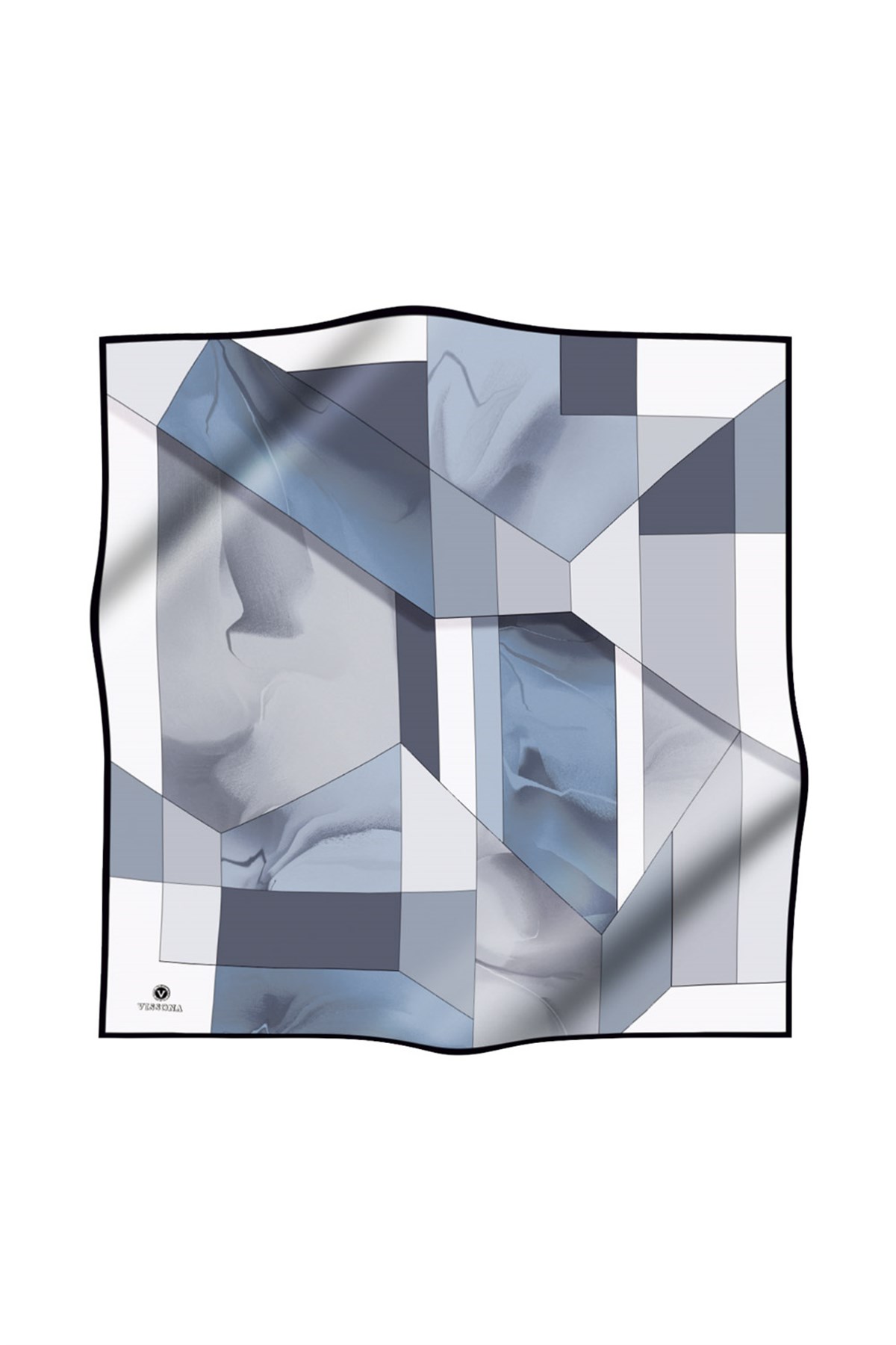 %100 Twill İpek Geometrik Desenli İndigo - Gri Renkli 90x90 Eşarp Dikim Şekli : El Dikişi