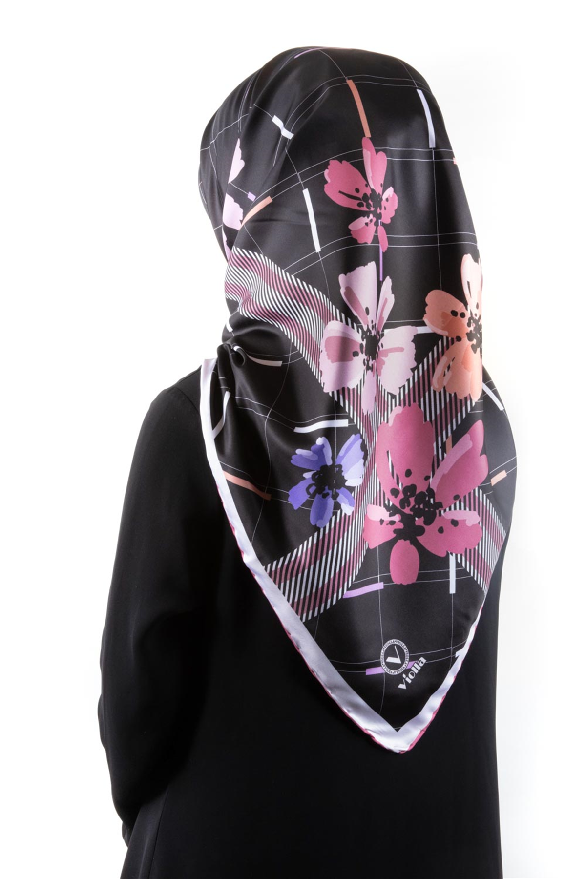 Twill Papatya Desenli Pembe Renkli 90x90 Eşarp (İpek İçermez) Kenar Dikiş Şekli El Dikişli
