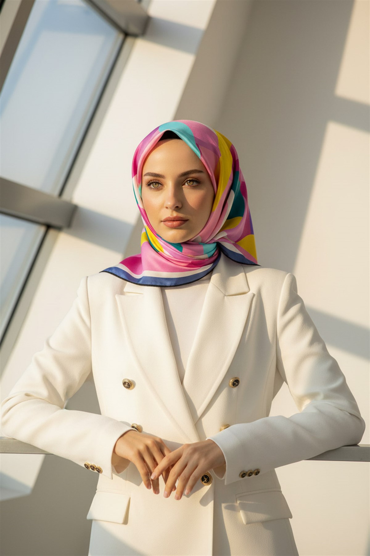 %100 Twill İpek Geometrik Desenli Pembe - Petrol Yeşili Renkli 90x90 Eşarp Dikim Şekli : El Dikişi
