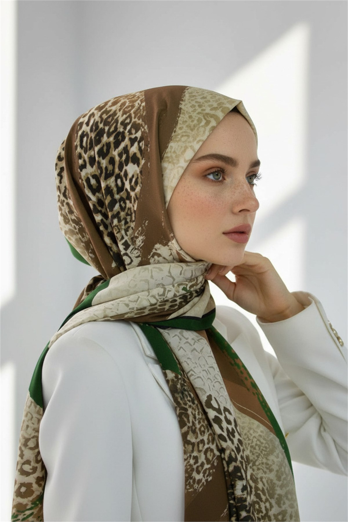 KREP RENKLİ FIRÇA VE LEOPAR DESENLİ ZÜMRÜT YEŞİLİ RENKLİ 75X195 KIRIŞMAZ ŞAL