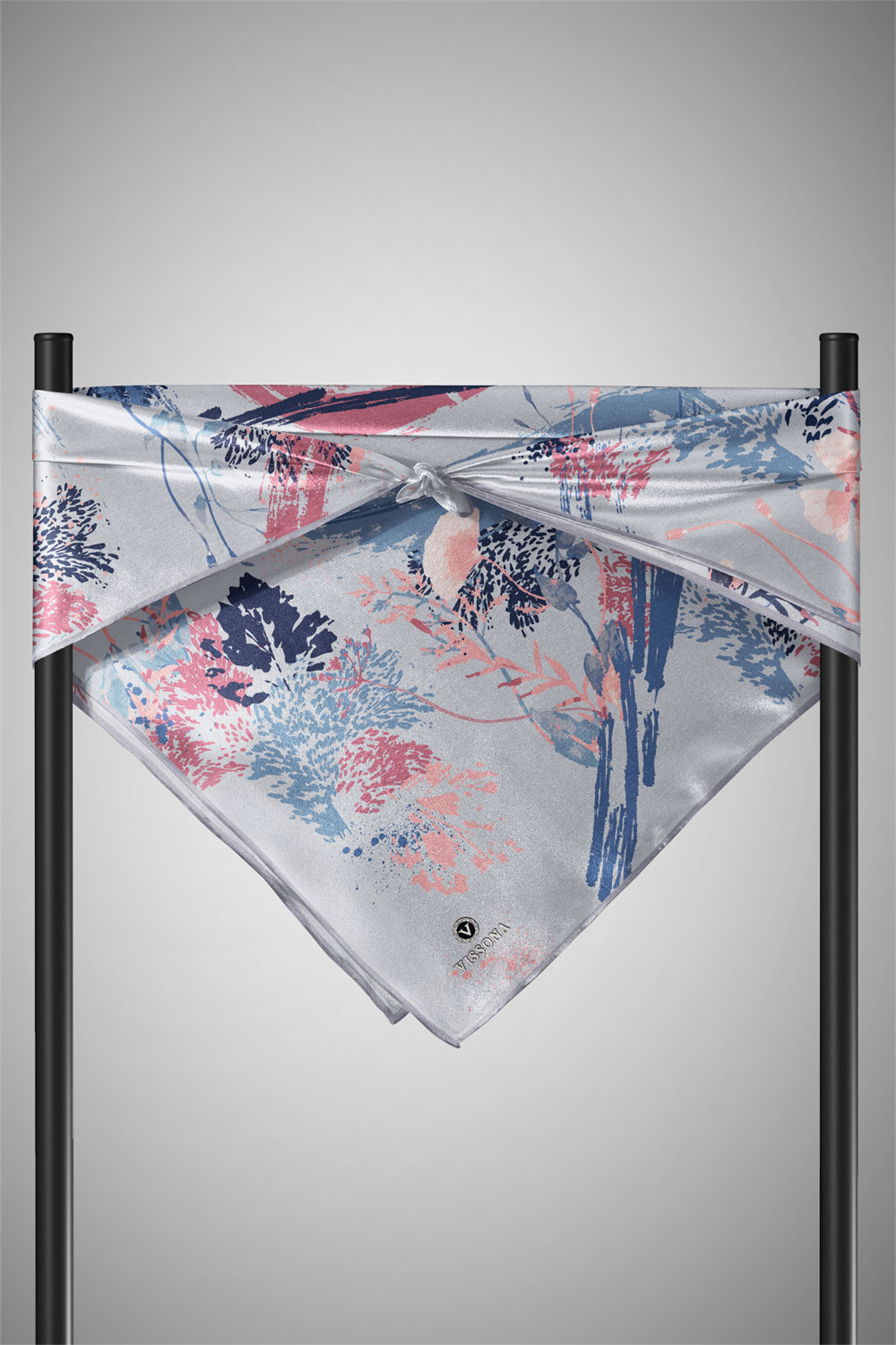 %100 Twill İpek Suluboya Çiçek Desenli Gri - Pudra Renkli 90x90 Eşarp Dikim Şekli : El Dikişi