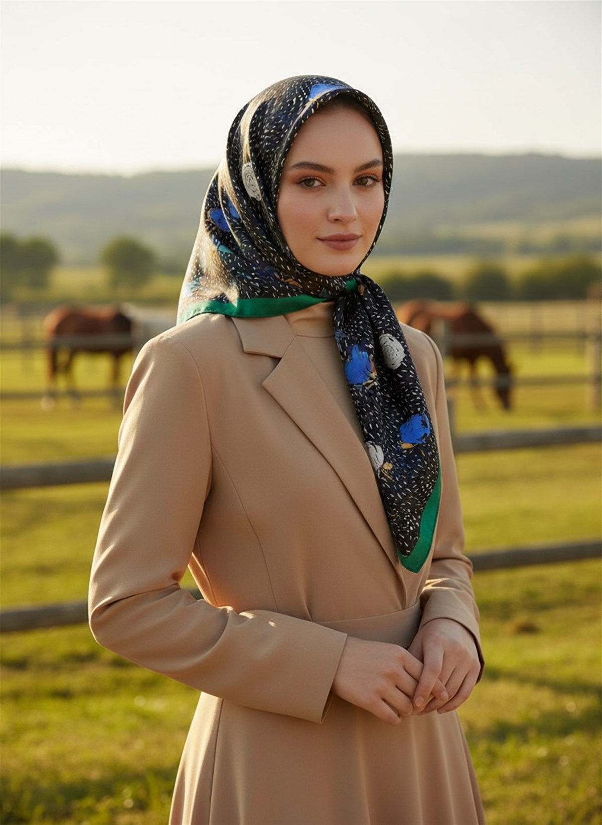 %100 Twill İpek Çıtır Çiçek Desenli Zümrüt Yeşili - Saks Renkli 90x90 Eşarp Dikim Şekli : El Dikişi