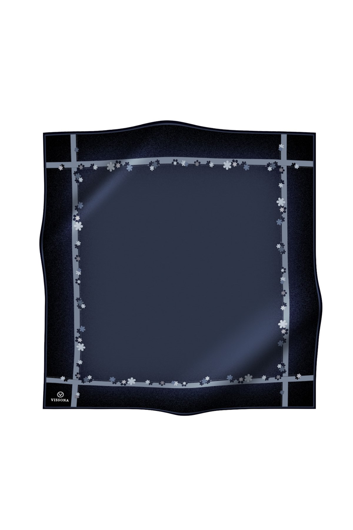 %100 Twill İpek Kenar Motifi Çiçek Desenli İndigo - Lacivert Renkli 90x90 Eşarp Dikim Şekli : El Dikişi