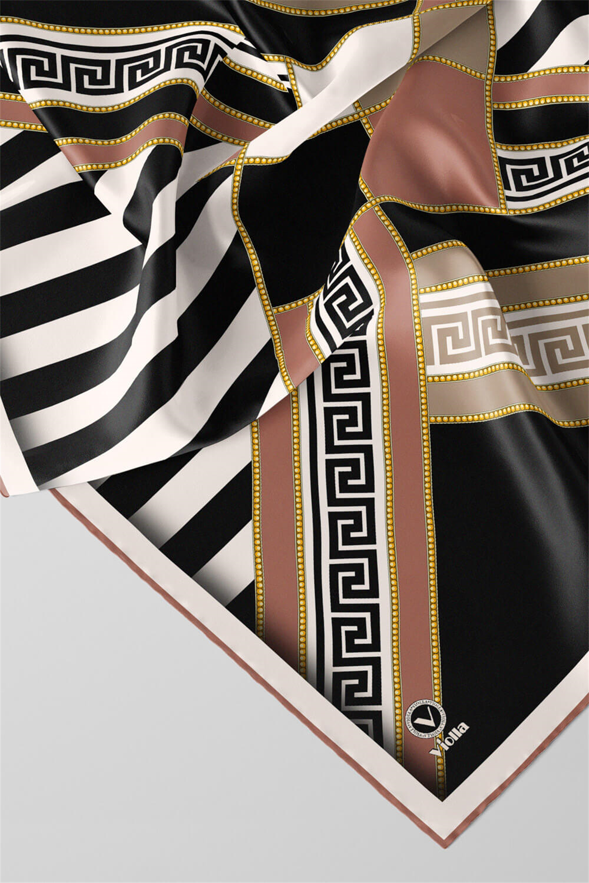 Twill Çizgili Geometrik Desenli Somon Renkli 90x90 Eşarp (İpek İçermez) Kenar Dikiş Şekli El Dikişli