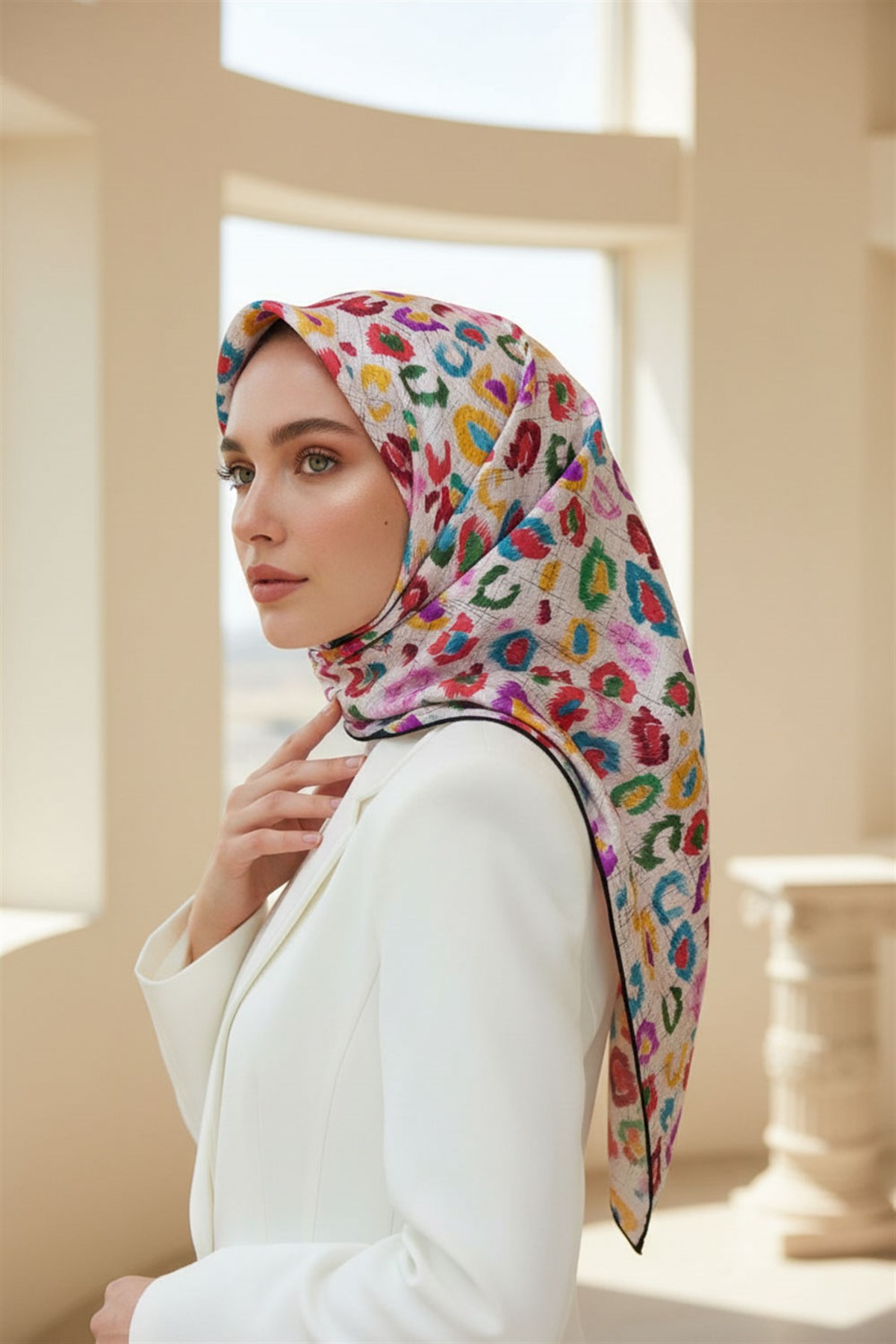 %100 Twill İpek Renkli Leopari Desenli Sarı - Pudra Renkli 90x90 Eşarp Kenar Dikiş Şekli El Dikişli