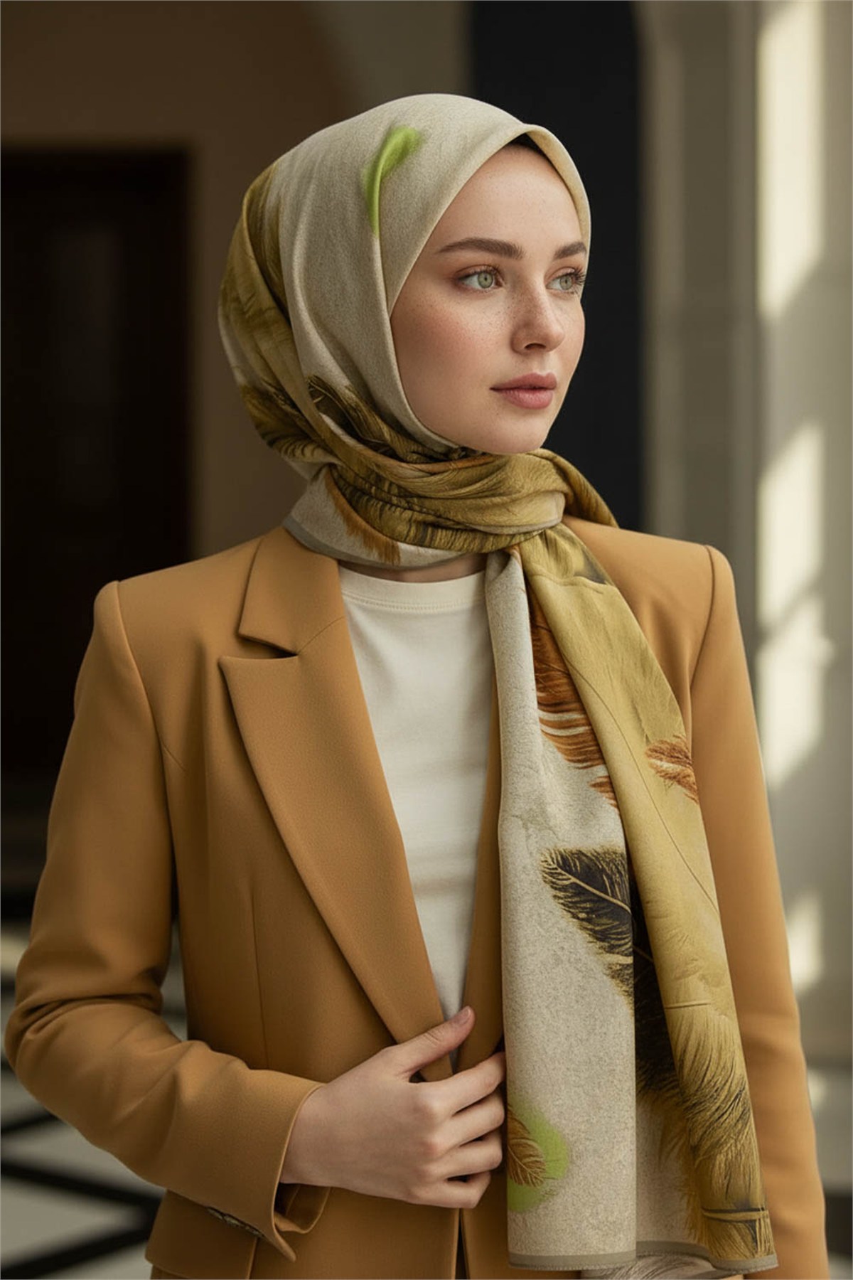 KREP YAPRAK DESENLİ BEJ RENKLİ 75X195 KIRIŞMAZ ŞAL