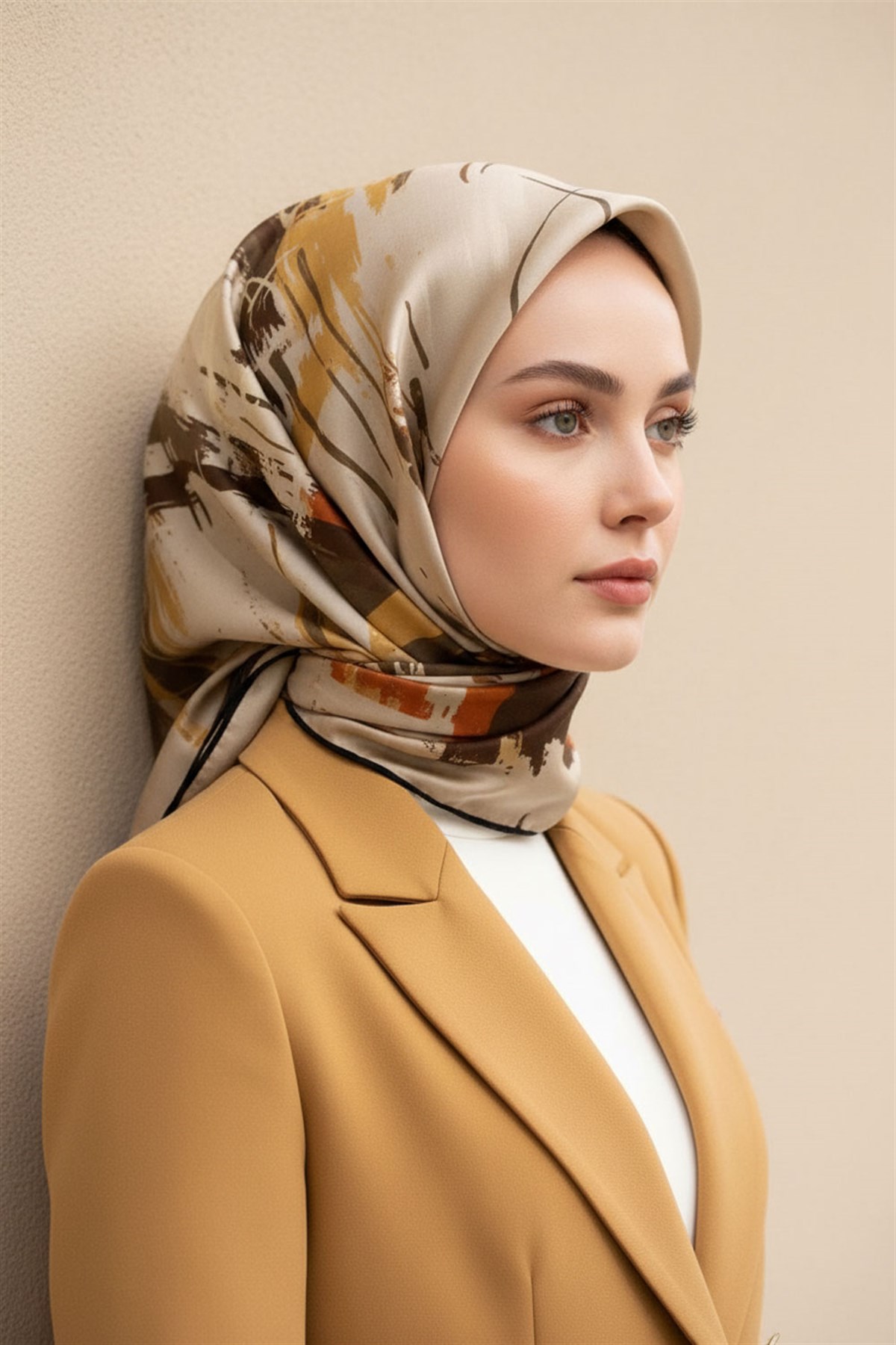 %100 Twill İpek Geometrik Desenli Bej - Taba Renkli 90x90 Eşarp Dikim Şekli : El Dikişi