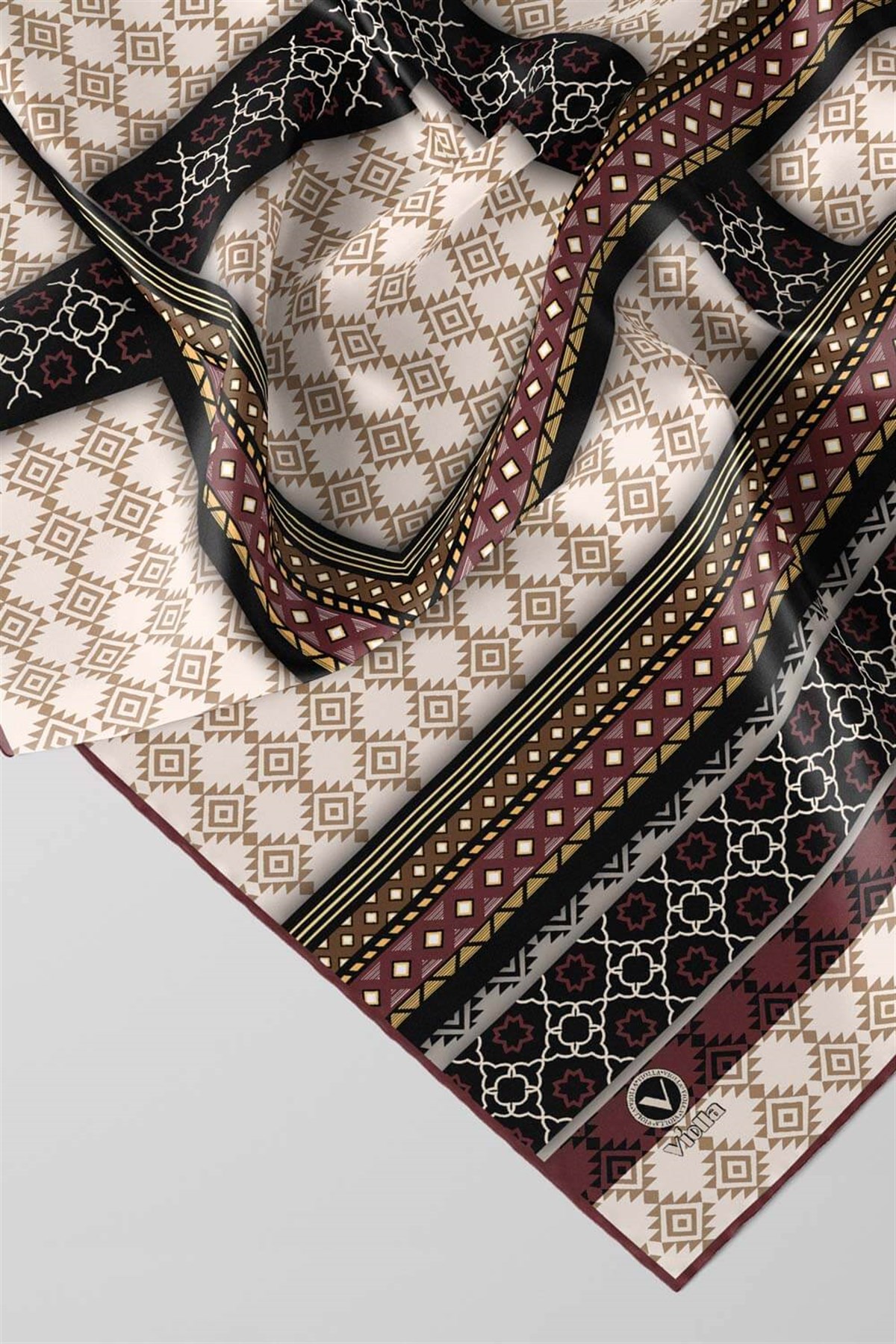 Twill Etnik Desenli Gül Kurusu Renkli 90x90 Eşarp (İpek İçermez) Kenar Dikiş Şekli El Dikişli