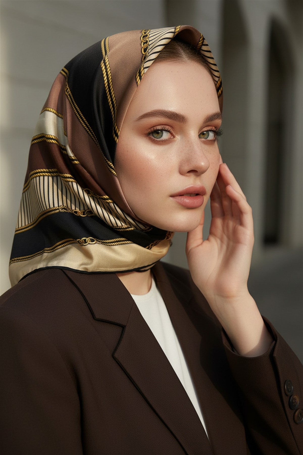 %100 Twill İpek Zincir Detaylı Geometrik Desenli Bej - Vizon Renkli 90x90 Eşarp Dikim Şekli : El Dikişi
