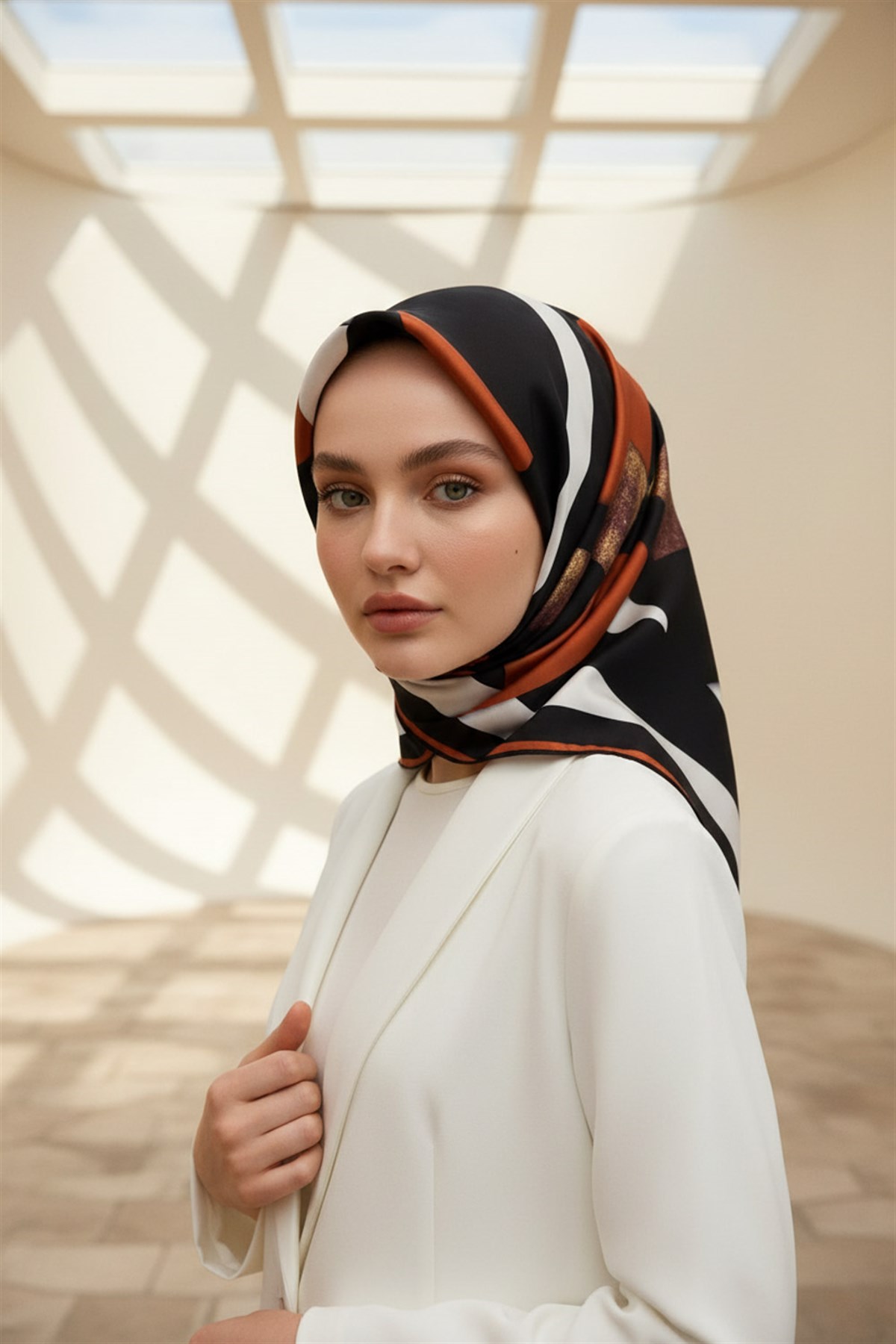 %100 Twill İpek Karo Desenli Siyah - Taba Renkli 90x90 Eşarp Dikim Şekli : El Dikişi