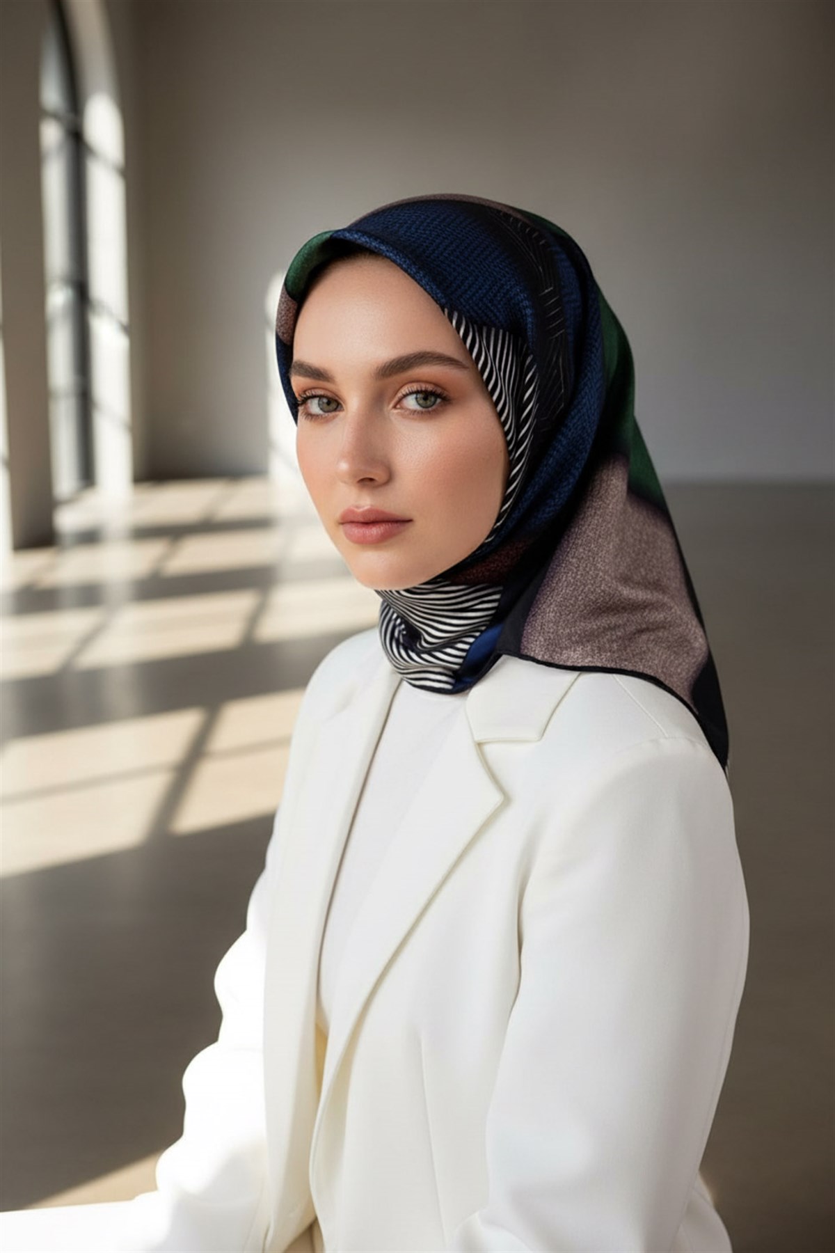 %100 Twill İpek Dokulu ve Geometrik Desenli Lacivert - Zümrüt Yeşili Renkli 90x90 Eşarp Dikim Şekli : El Dikişi