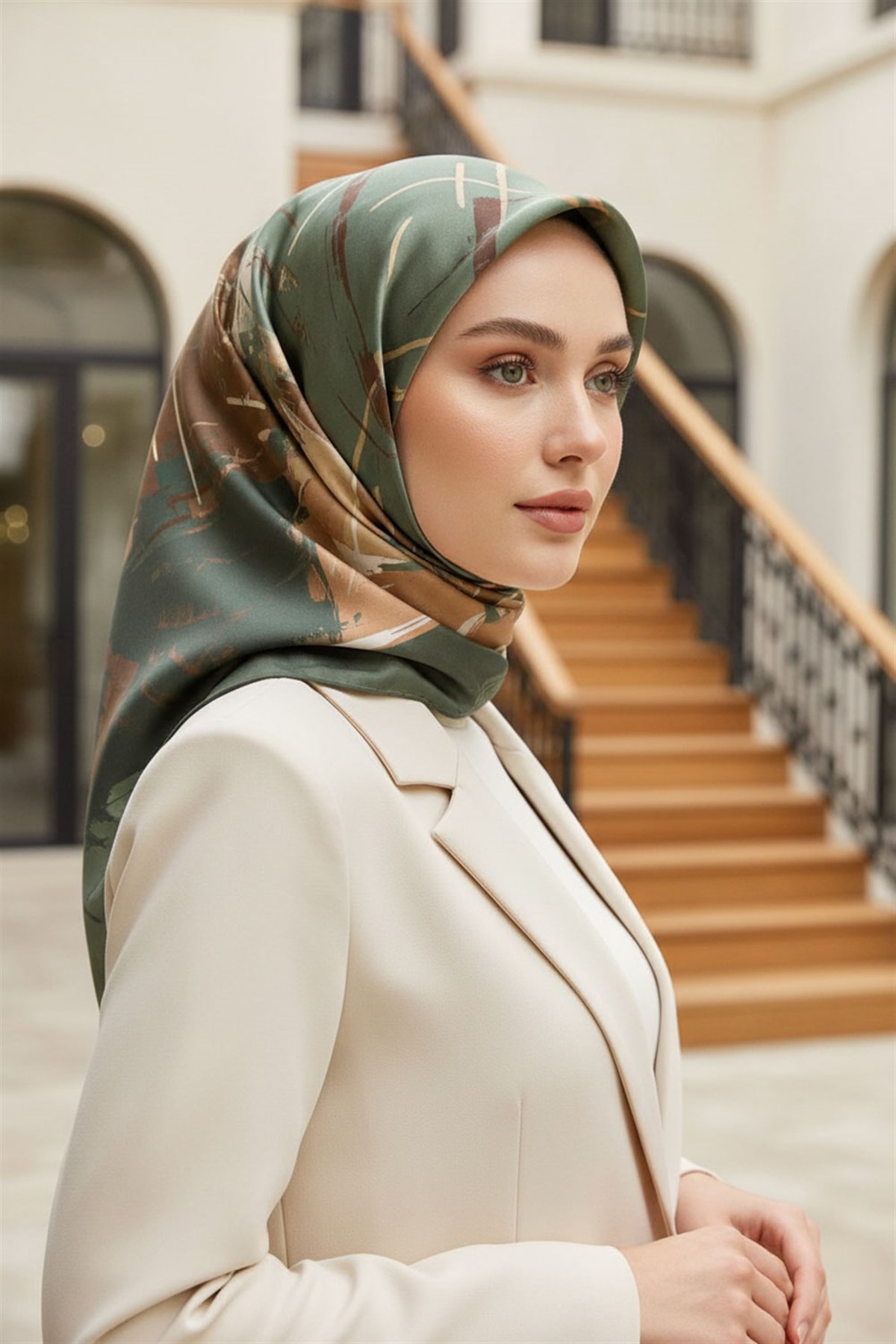 %57 İPEK %43 VİSKON Twill İpek Geometrik Desenli Çağla Yeşili - Bakır Renkli 90x90 Eşarp Dikim Şekli : El Dikişi