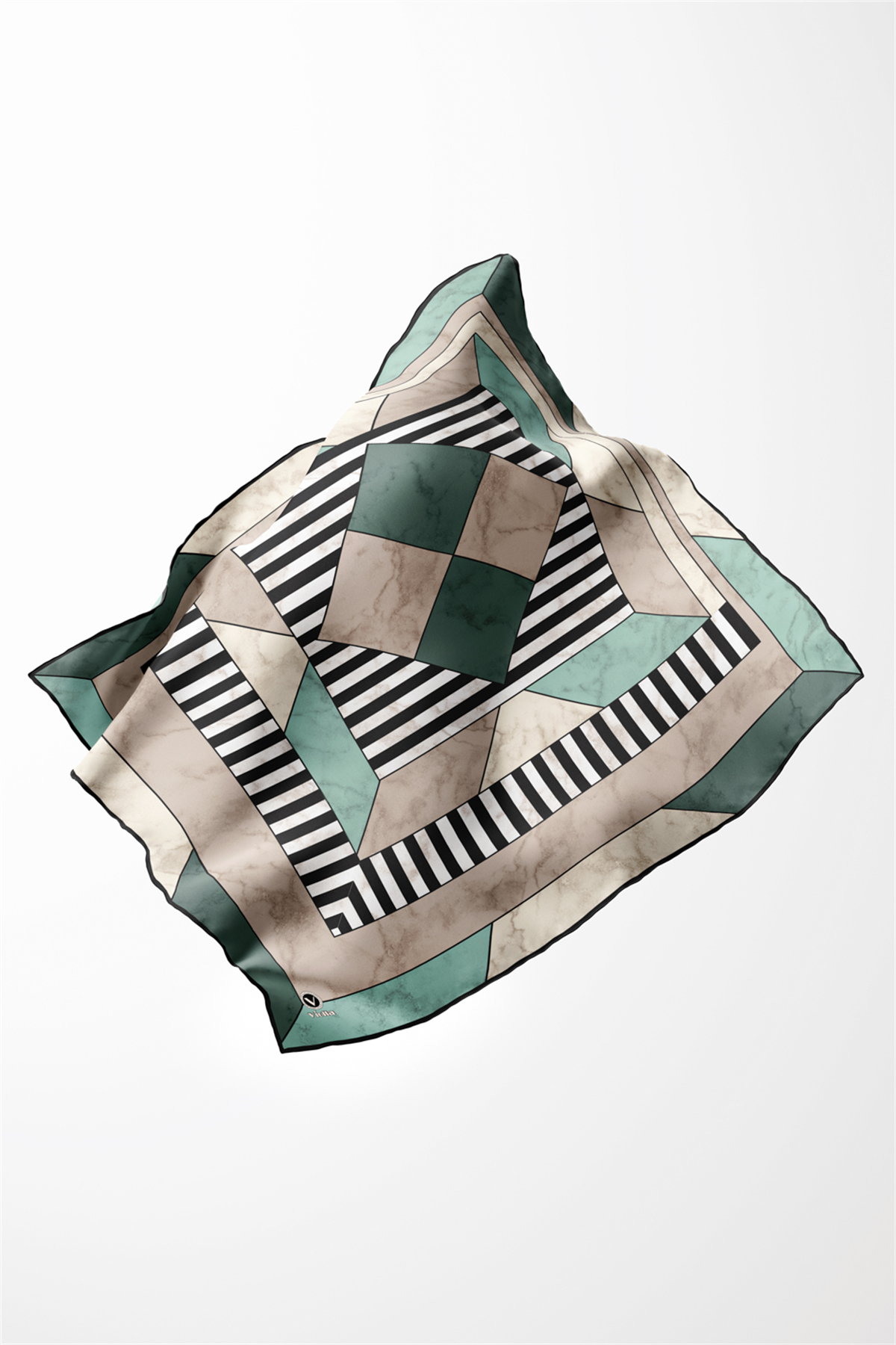 Twill Çizgili Geometrik Mermer Desenli Mint Yeşili Renkli 90x90 Eşarp (İpek İçermez) Kenar Dikiş Şekli El Dikişli
