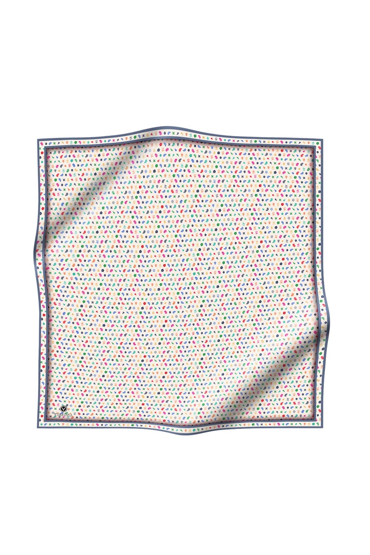 %100 Twill İpek Çıtır Desenli Krem - İndigo Renkli 90x90 Eşarp Dikim Şekli : El Dikişi