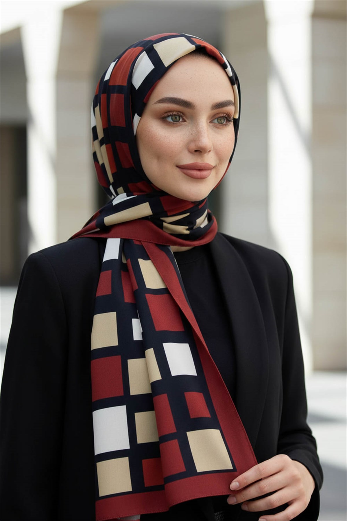 KREP KARE DESENLİ BORDO RENKLİ 75X195 KIRIŞMAZ ŞAL