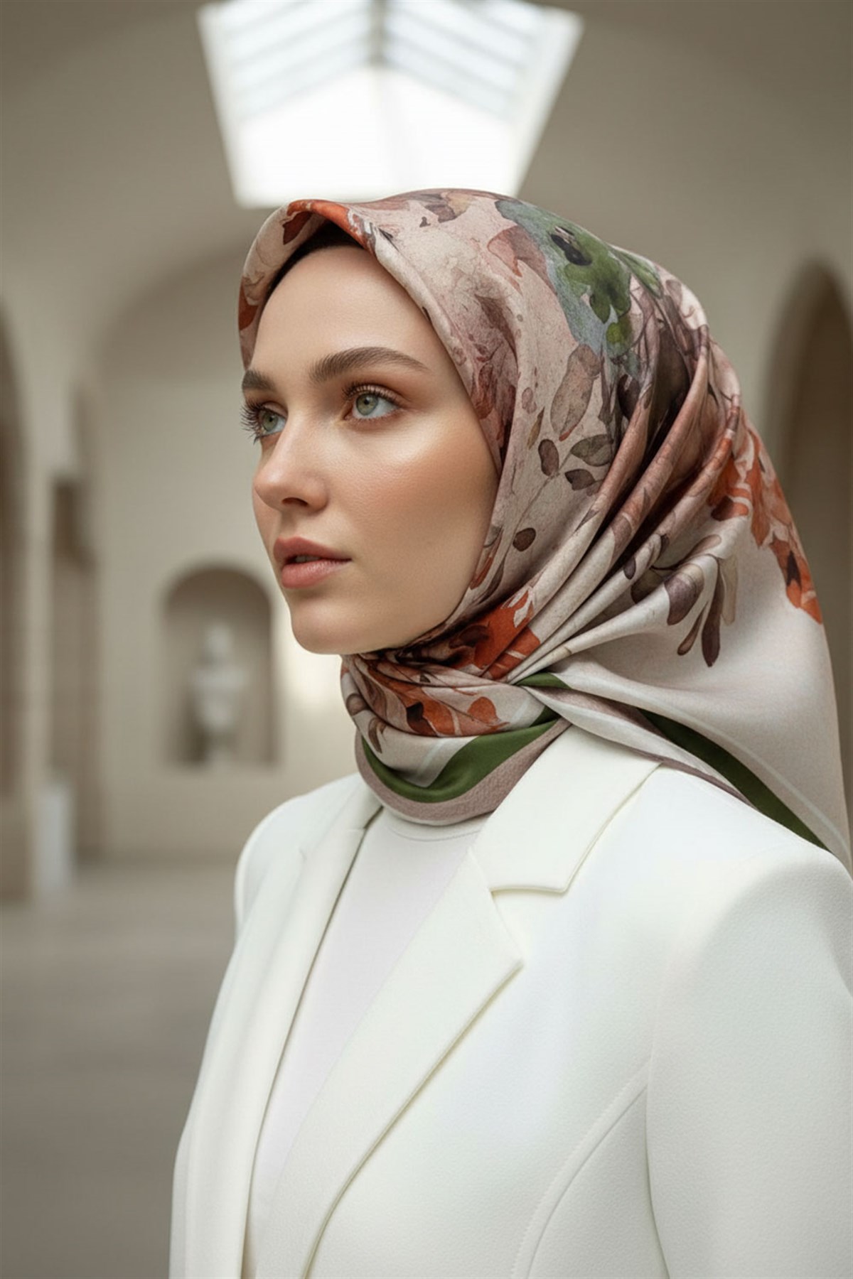 %100 Twill İpek Bahar Çiçekleri Desenli Narçiçeği - Haki Renkli 90x90 Eşarp Dikim Şekli : El Dikişi