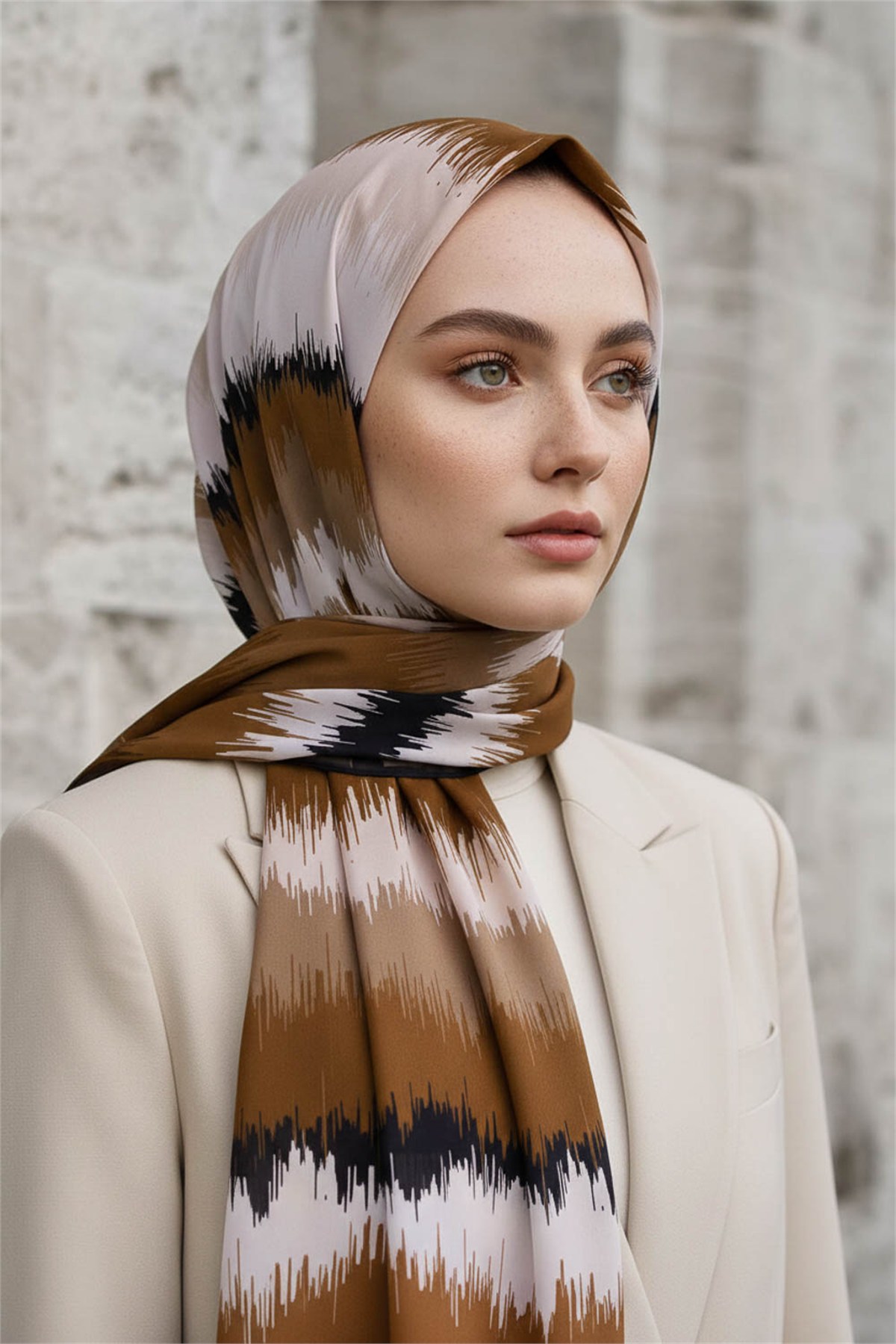 KREP FREKANS DESENLİ BEJ RENKLİ 75X195 KIRIŞMAZ ŞAL