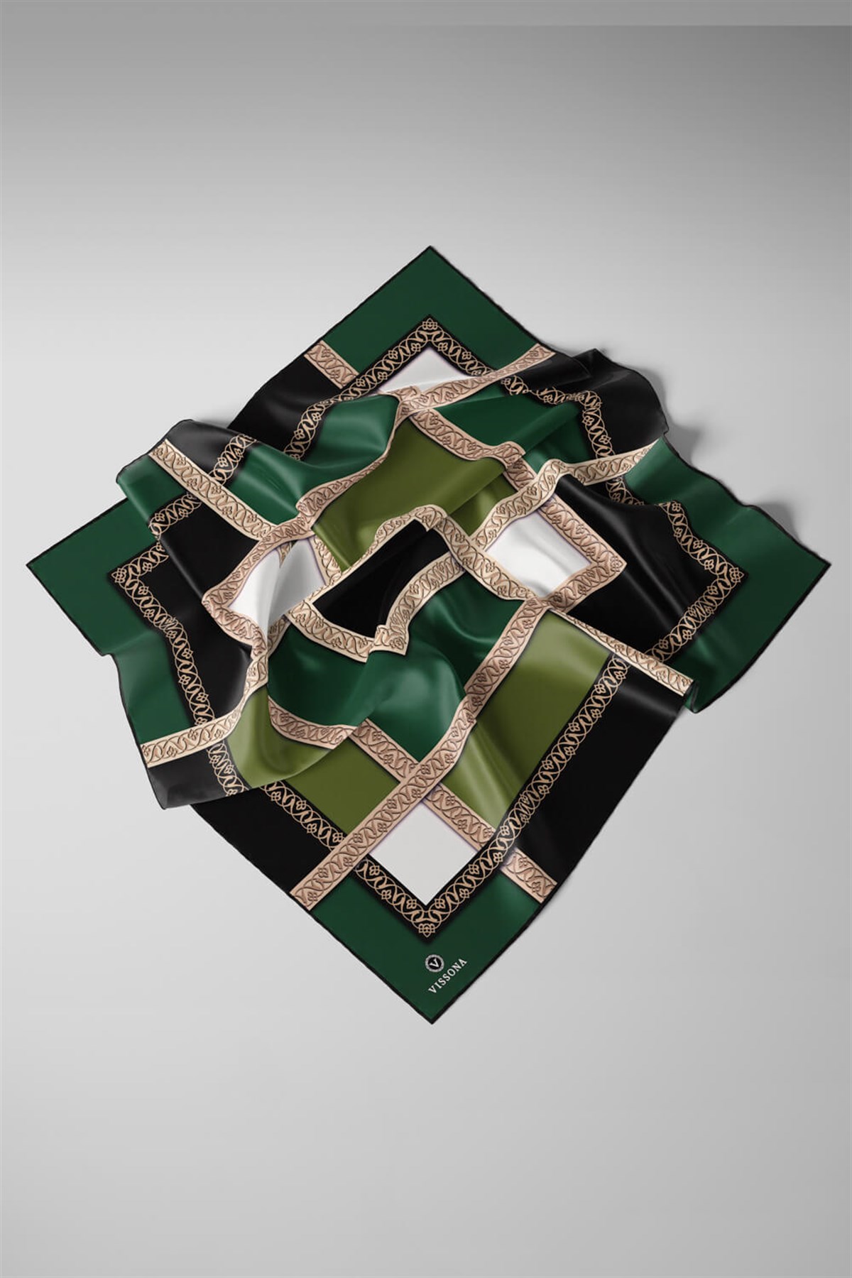%100 Twill İpek Geometrik Desenli Zümrüt Yeşili - Siyah Renkli 90x90 Eşarp Dikim Şekli : El Dikişi