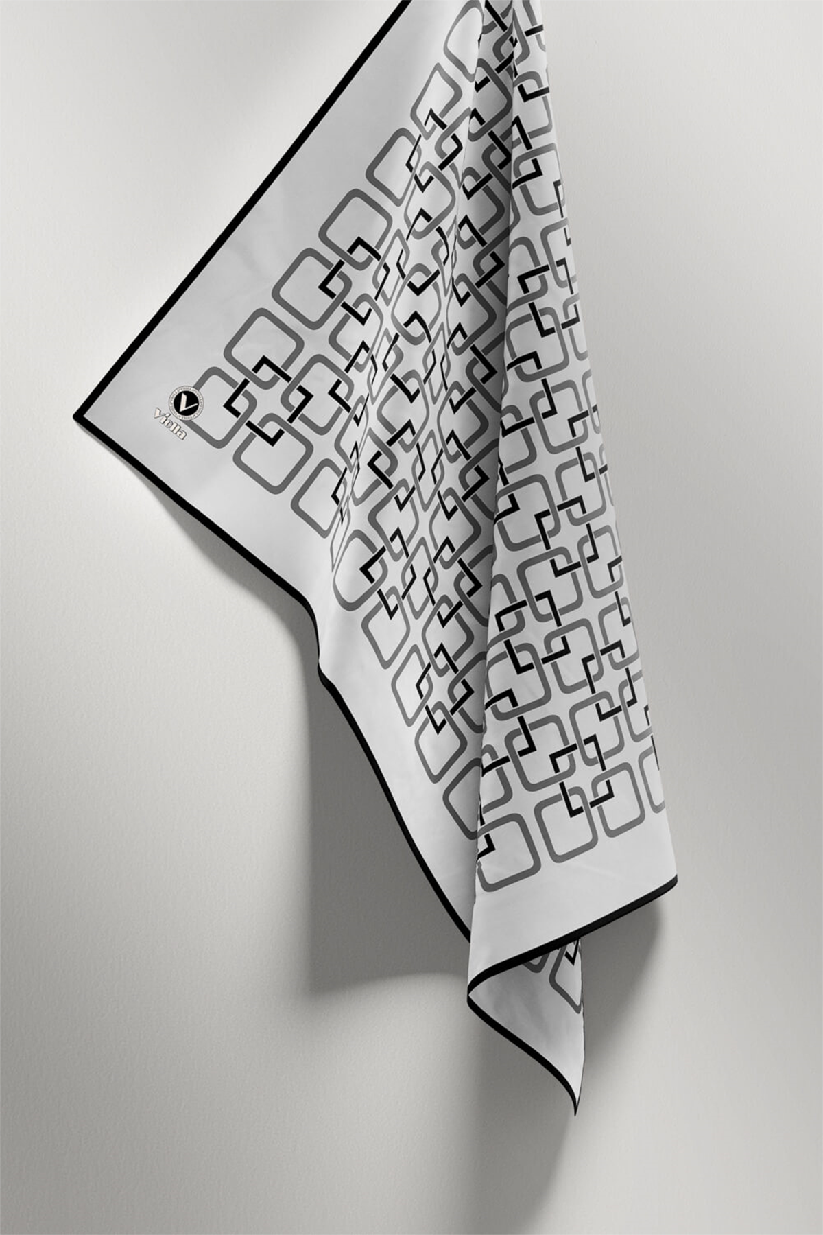 Twill Geometrik Desenli Gümüş Renkli 90x90 Eşarp (İpek İçermez) Kenar Dikiş Şekli El Dikişli