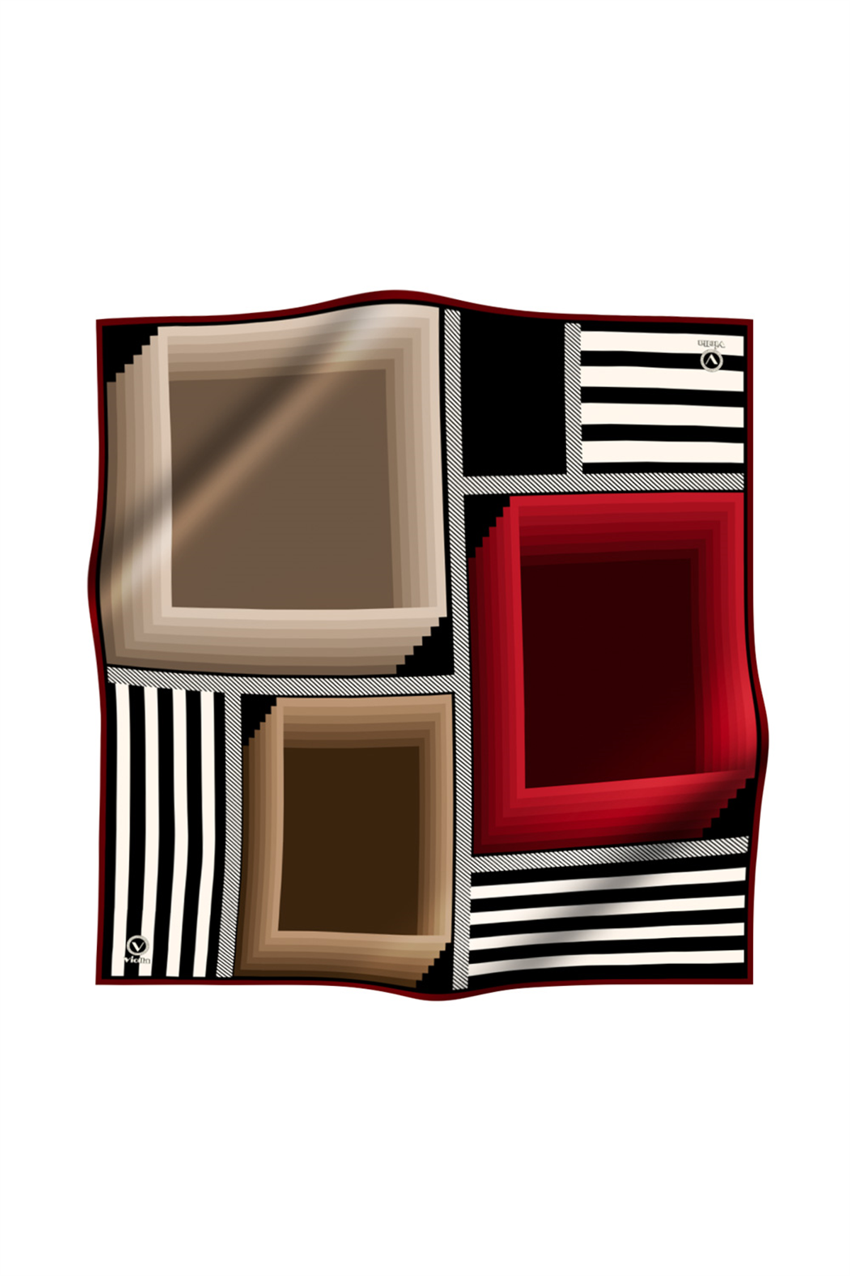 Twill Geometrik Desenli Bordo Renkli 90x90 Eşarp (İpek İçermez) Kenar Dikiş Şekli El Dikişli