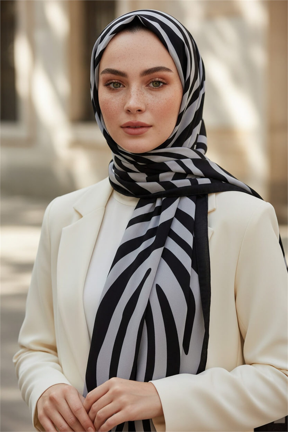Kırışmaz Krep Şal Zebra Desenli Siyah Gri – Kolay Şekil Alan 75x190 cm
