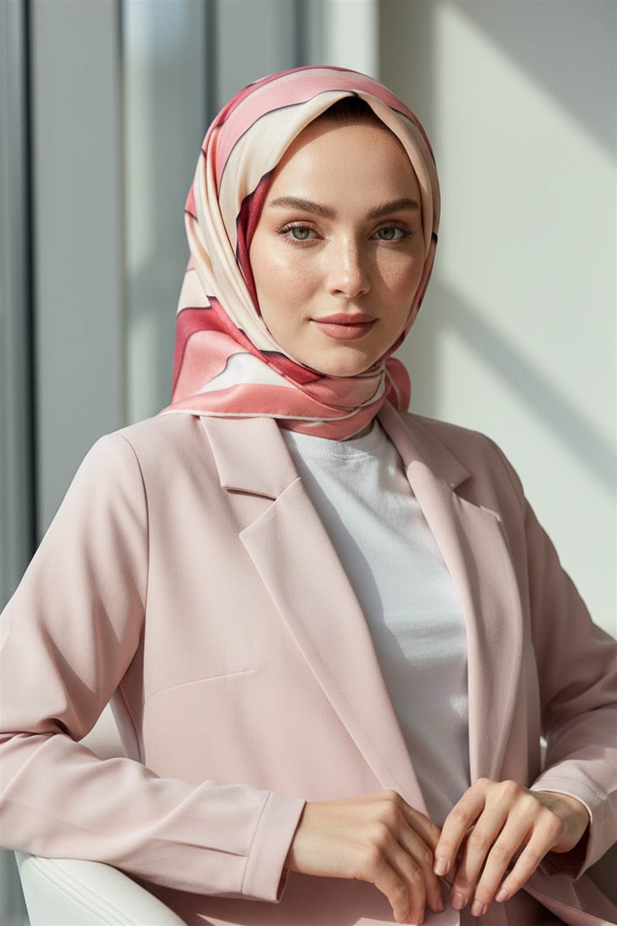 % 57 İPEK % 43 VİSKON Twill Geometrik Bulut  Desenli Pudra Gül Kurusu  Renkli 90x90 Eşarp Dikim Şekli: El Dikişi