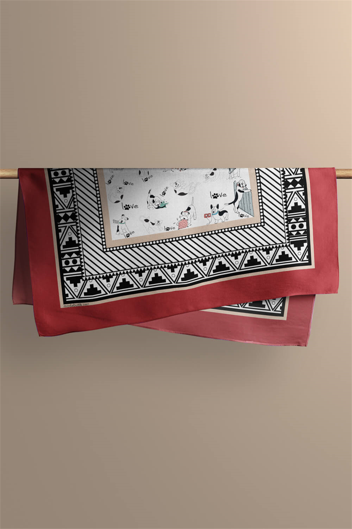 Etnik Dog Desenli Kırmızı Siyah Köpek Bandanası DG5467 45x45