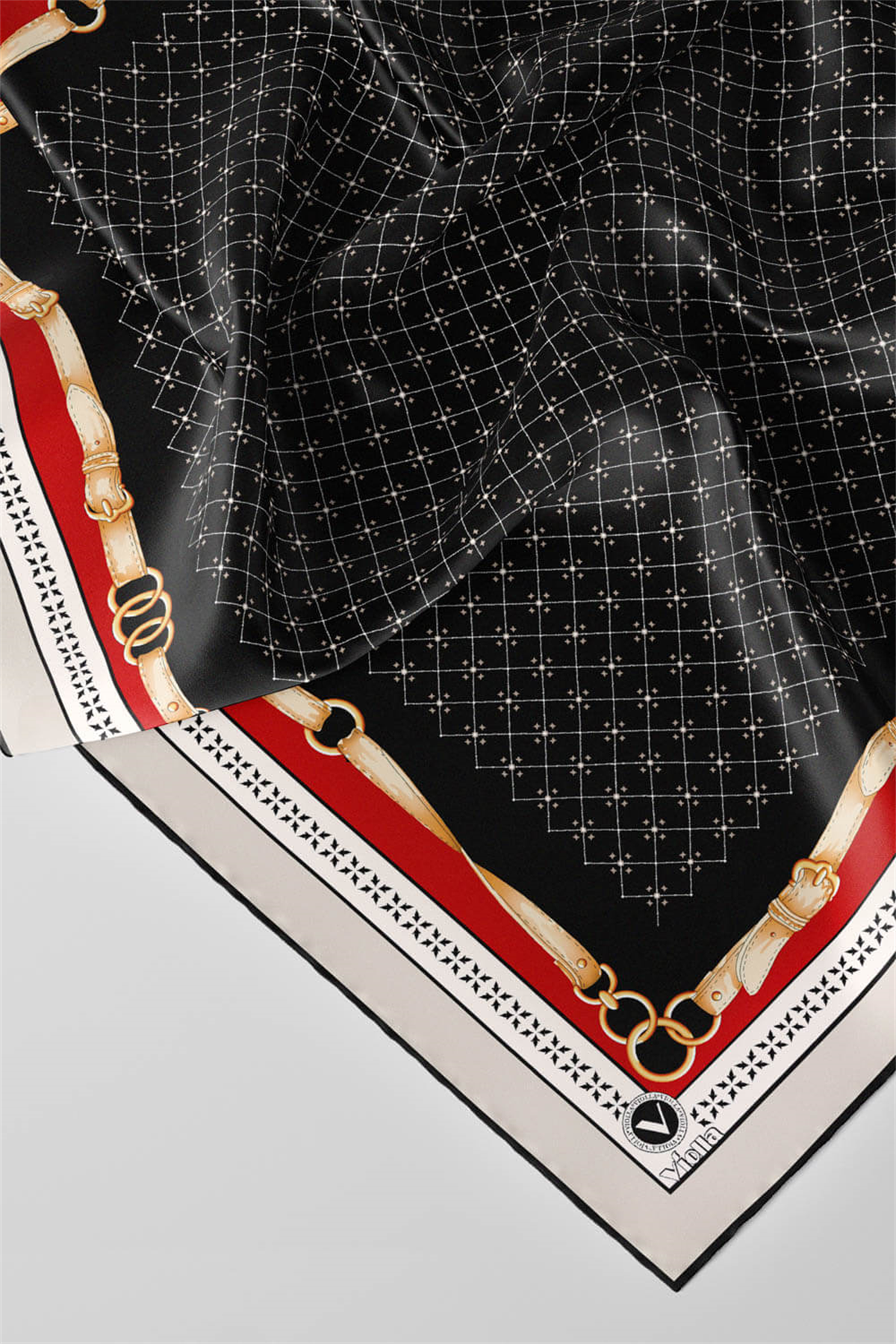 Twill Kemerli ve Çıtır Motifli Desenli Siyah Renkli 90x90 Eşarp (İpek İçermez) Dikim Şekli : El Dikişi