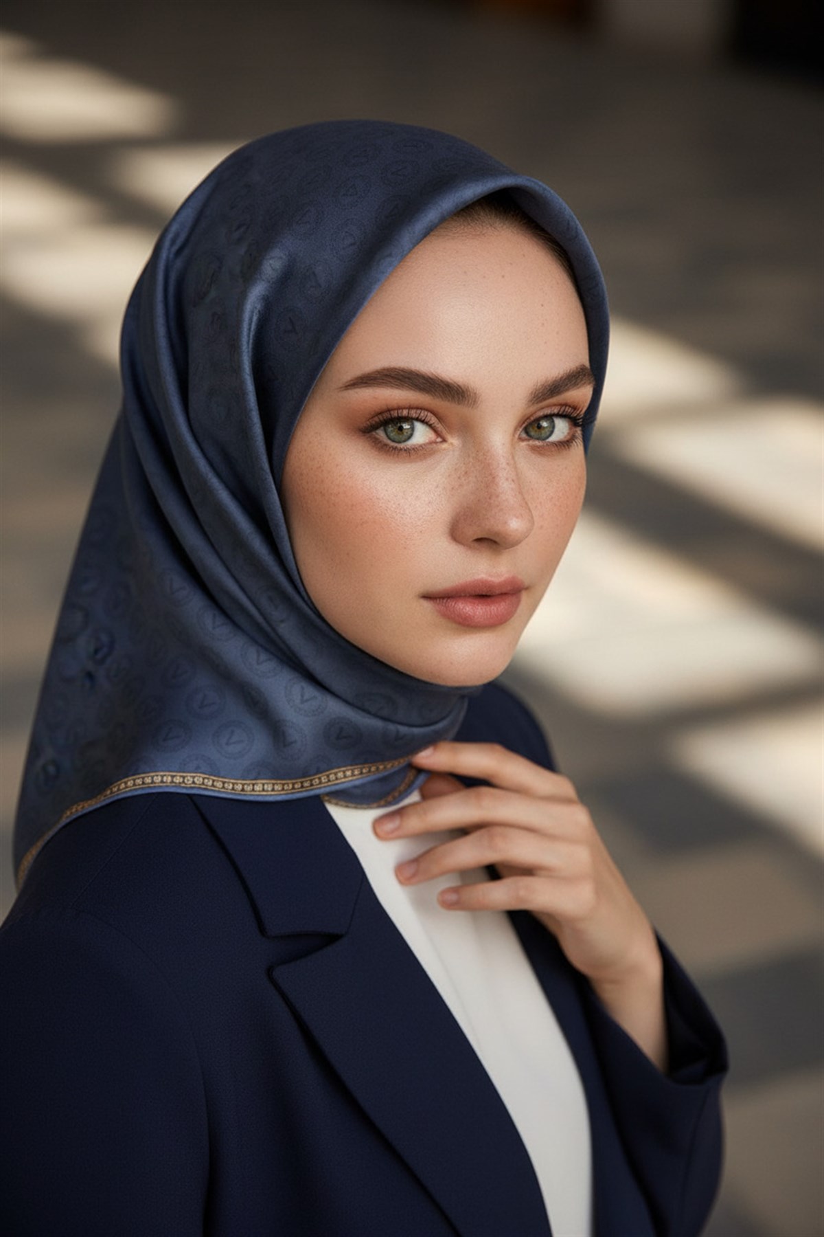 %100 Twill İpek Monogram Desenli İndigo Renkli 90x90 Eşarp Dikim Şekli : El Dikişi