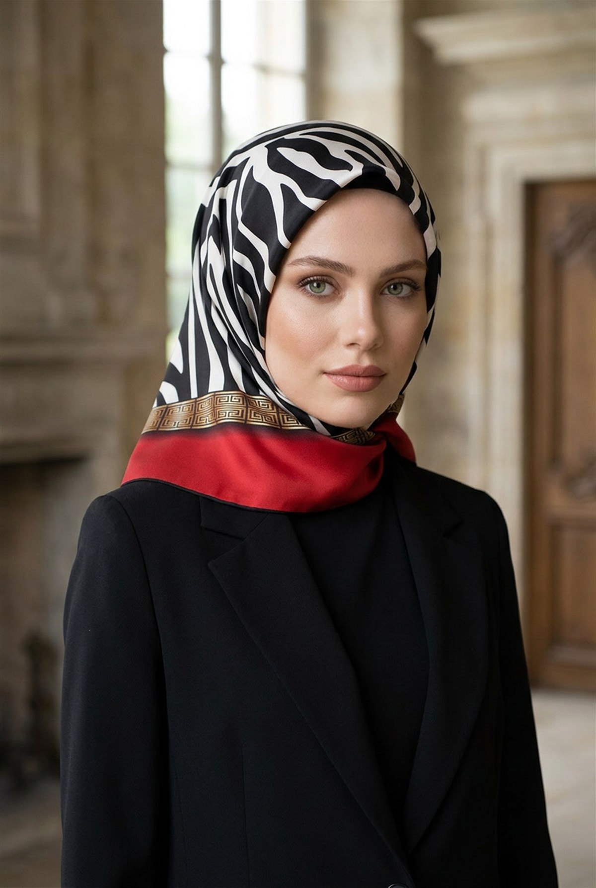 % 57 İPEK % 43 VİSKON Twill İpek Zebra Desenli Kırmızı - Siyah Renkli 90x90 Eşarp Dikim Şekli : El Dikişi