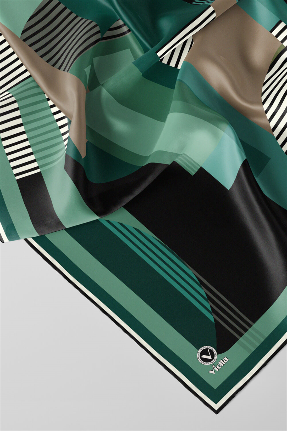 Twill Çizgili Ve Geometrik Desenli  Petrol Yeşili Renkli 90x90 Eşarp (İpek İçermez) Kenar Dikiş Şekli El Dikişli