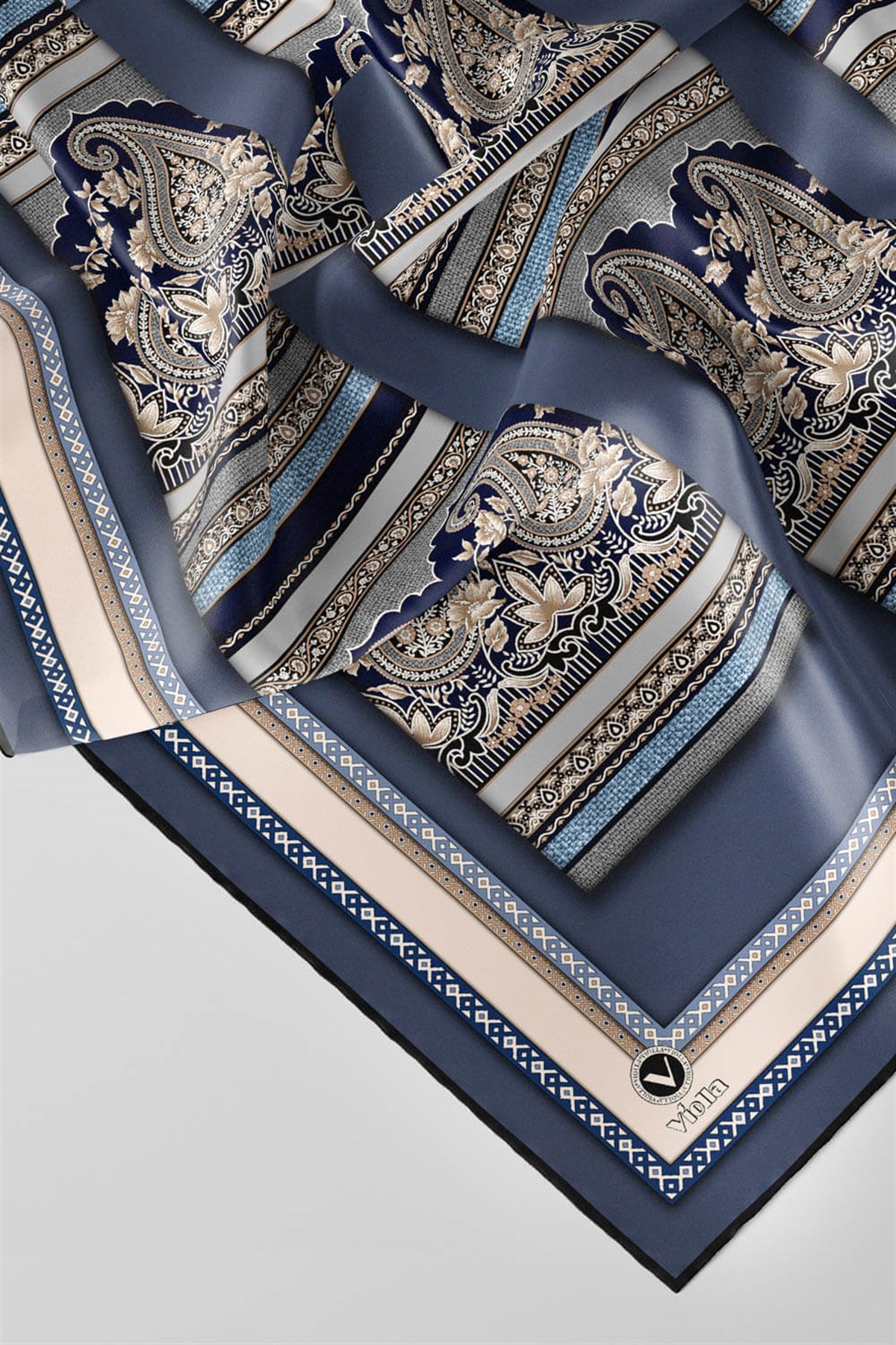 Twill Şal Desenli İndigo - Gri Renkli 90x90 Eşarp (İpek İçermez) Kenar Dikiş Şekli El Dikişli