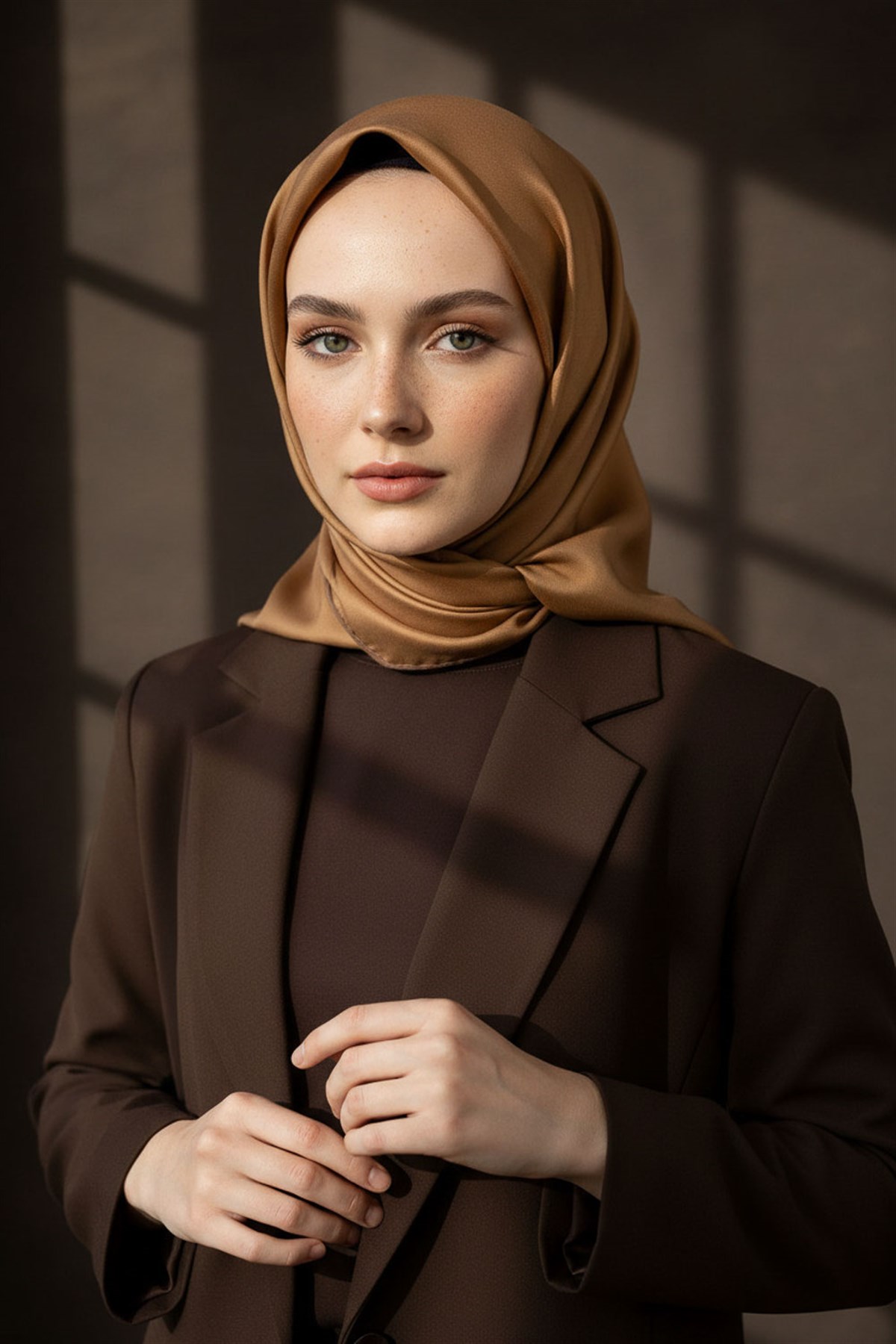 %100 Twill İpek Düz Camel Renkli Daha Tok Exclusive Serisi 90x90 Eşarp Dikim Şekli : El Dikişi