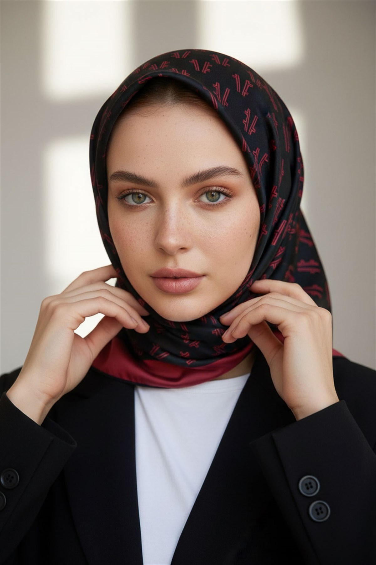 %100 Twill İpek Geometrik Desenli Bordo - Siyah Renkli 90x90 Eşarp Dikim Şekli : El Dikişi