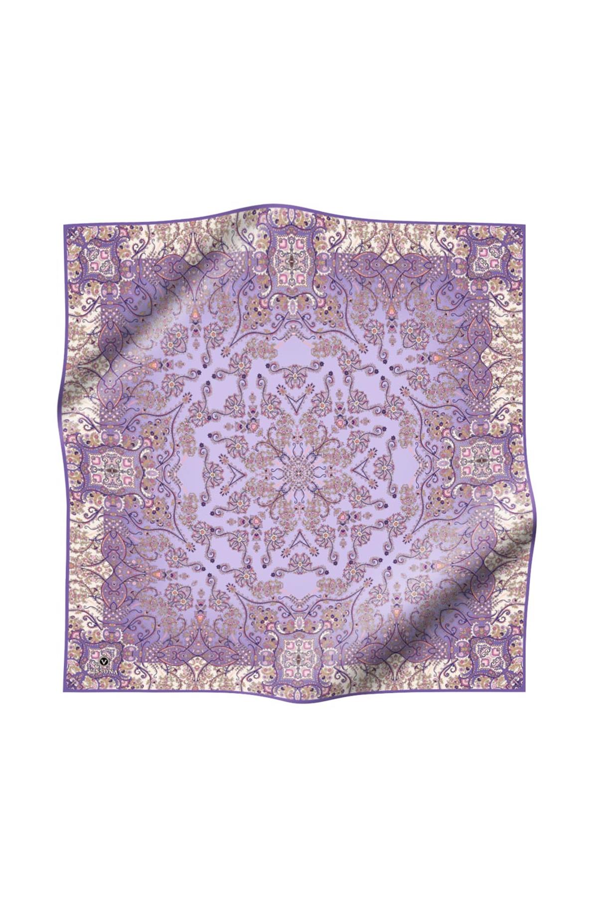 %100 Twill İpek Şal Desenli Lila Renkli 90x90 Eşarp Dikim Şekli : El Dikişi
