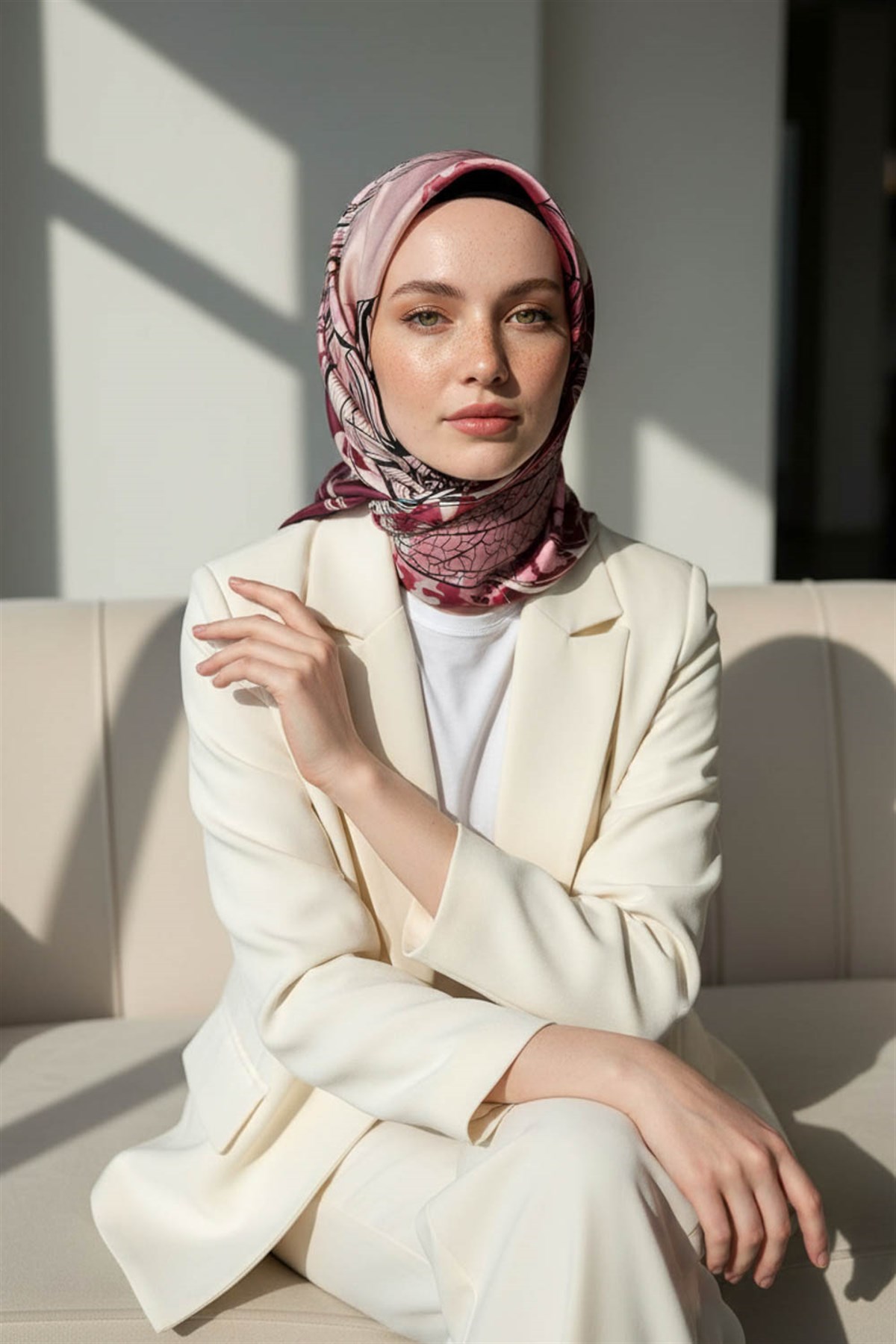 %100 Twill İpek Yaprak Desenli Bordo - Siyah Renkli 90x90 Eşarp Dikim Şekli : El Dikişi