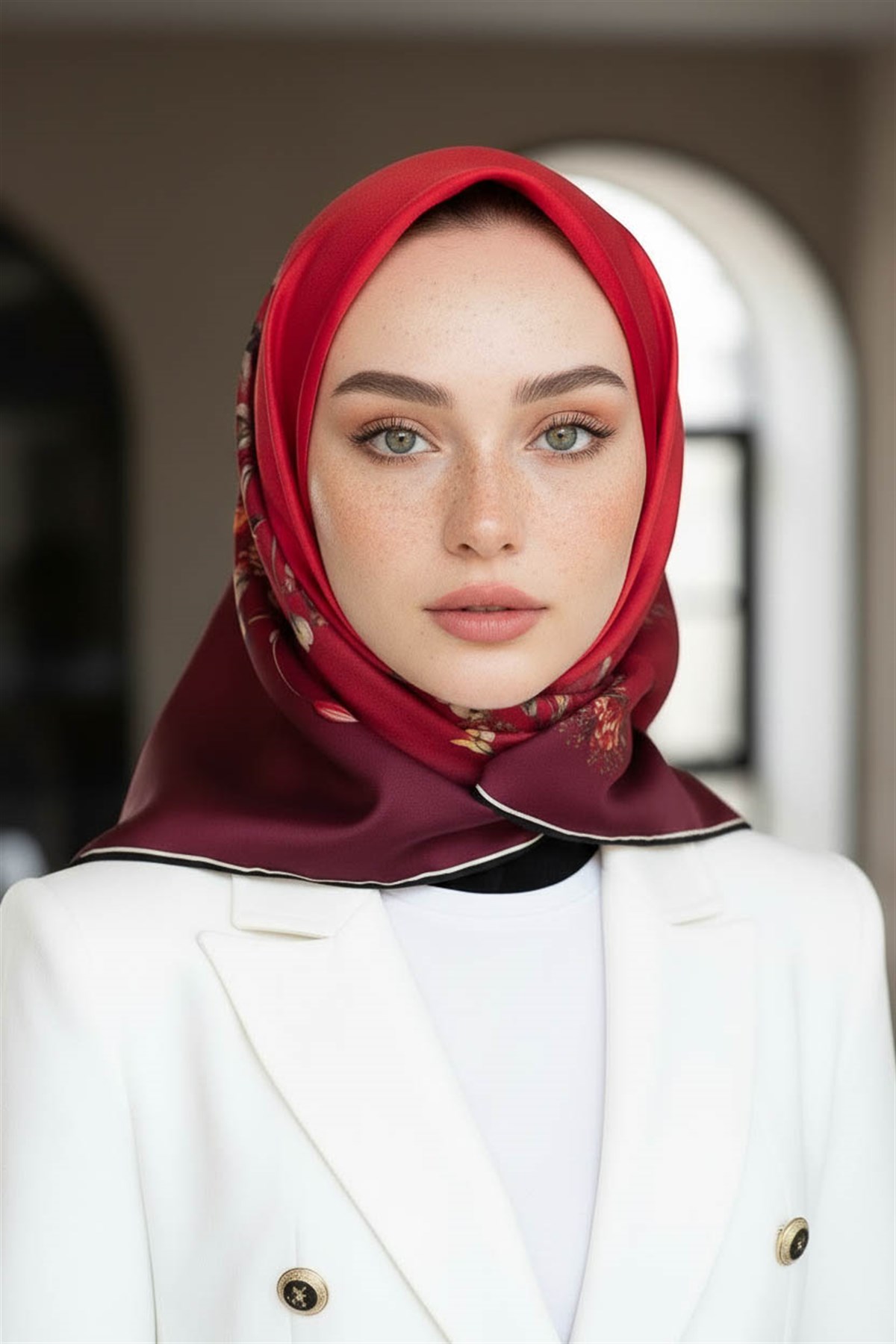 %100 Twill İpek Sonsuz Çiçek Desenli Bordo Renkli 90x90 Eşarp Dikim Şekli : El Dikişi