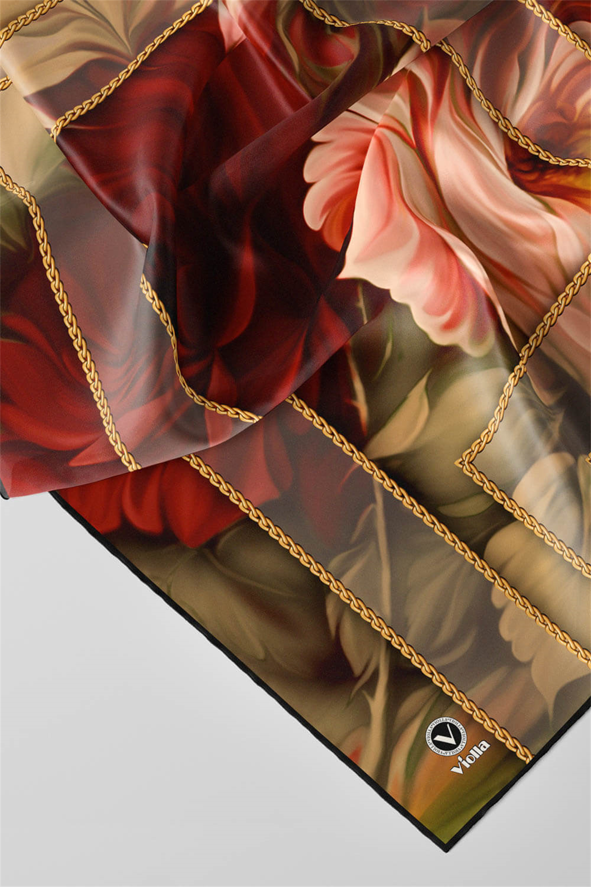 Twill Gül Desenli Bordo - Vizon Renkli 90x90 Eşarp (İpek İçermez) Kenar Dikiş Şekli El Dikişli