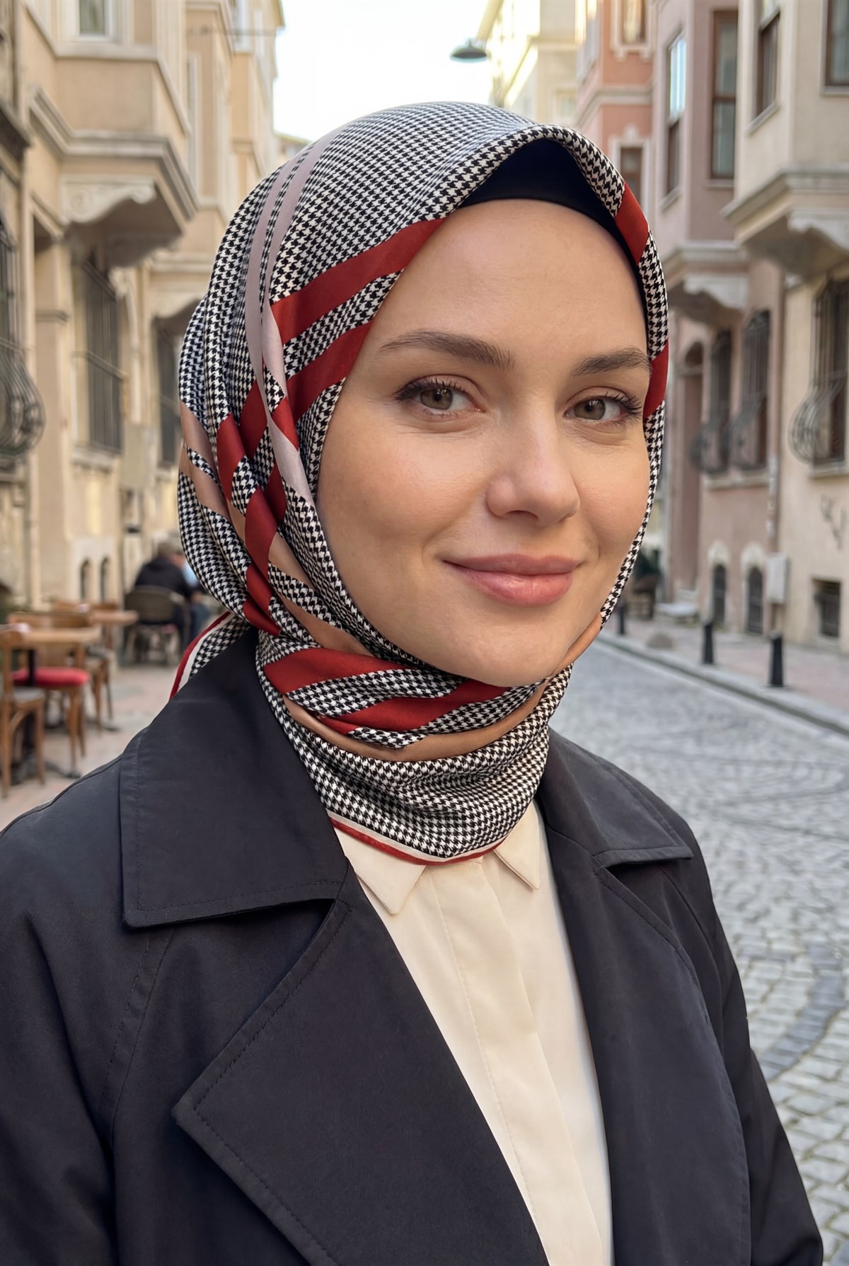 Twill Çizgili Pötikareli Çizgili Desenli Taba - Bej Renkli 90x90 Eşarp (İpek İçermez)