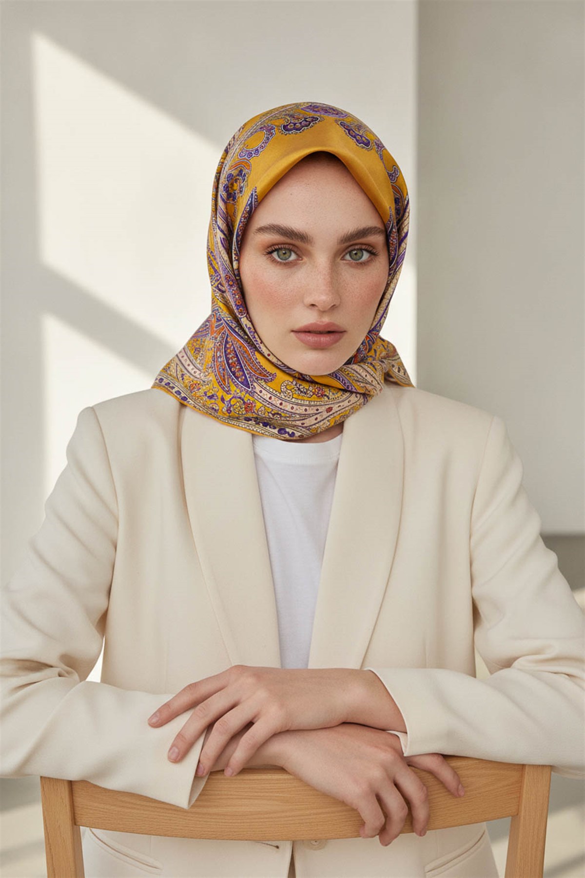 %100 Twill İpek Şal Desenli Gold Renkli 90x90 Eşarp Dikim Şekli : El Dikişi