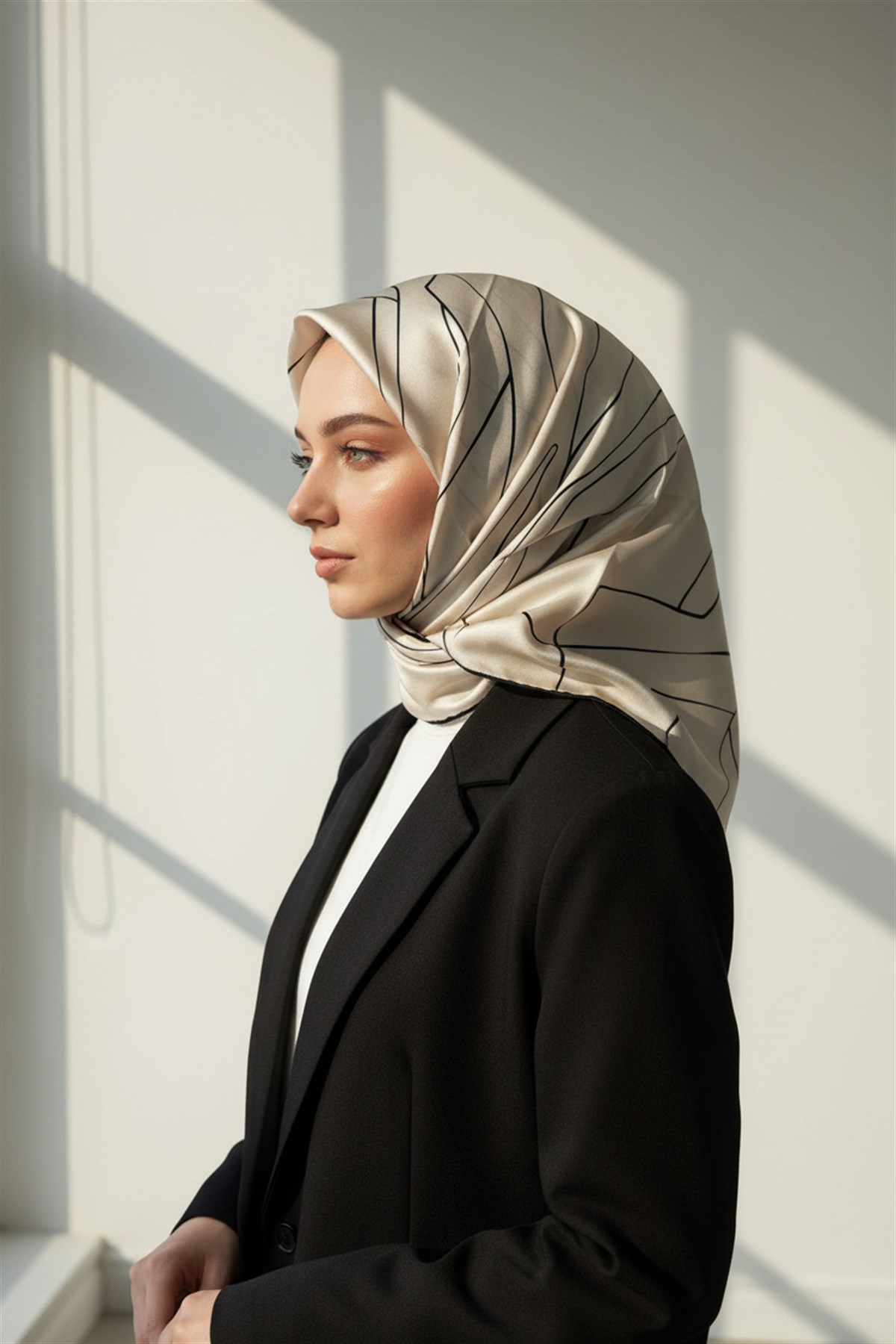 %100 Twill İpek Çizgi Desenli Krem - Siyah Renkli 90x90 Eşarp Dikim Şekli : El Dikişi