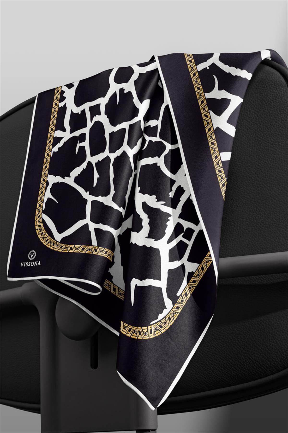 %100 Twill Taş Desenli Siyah - Krem Renkli 90x90 Eşarp Dikim Şekli: El Dikişi
