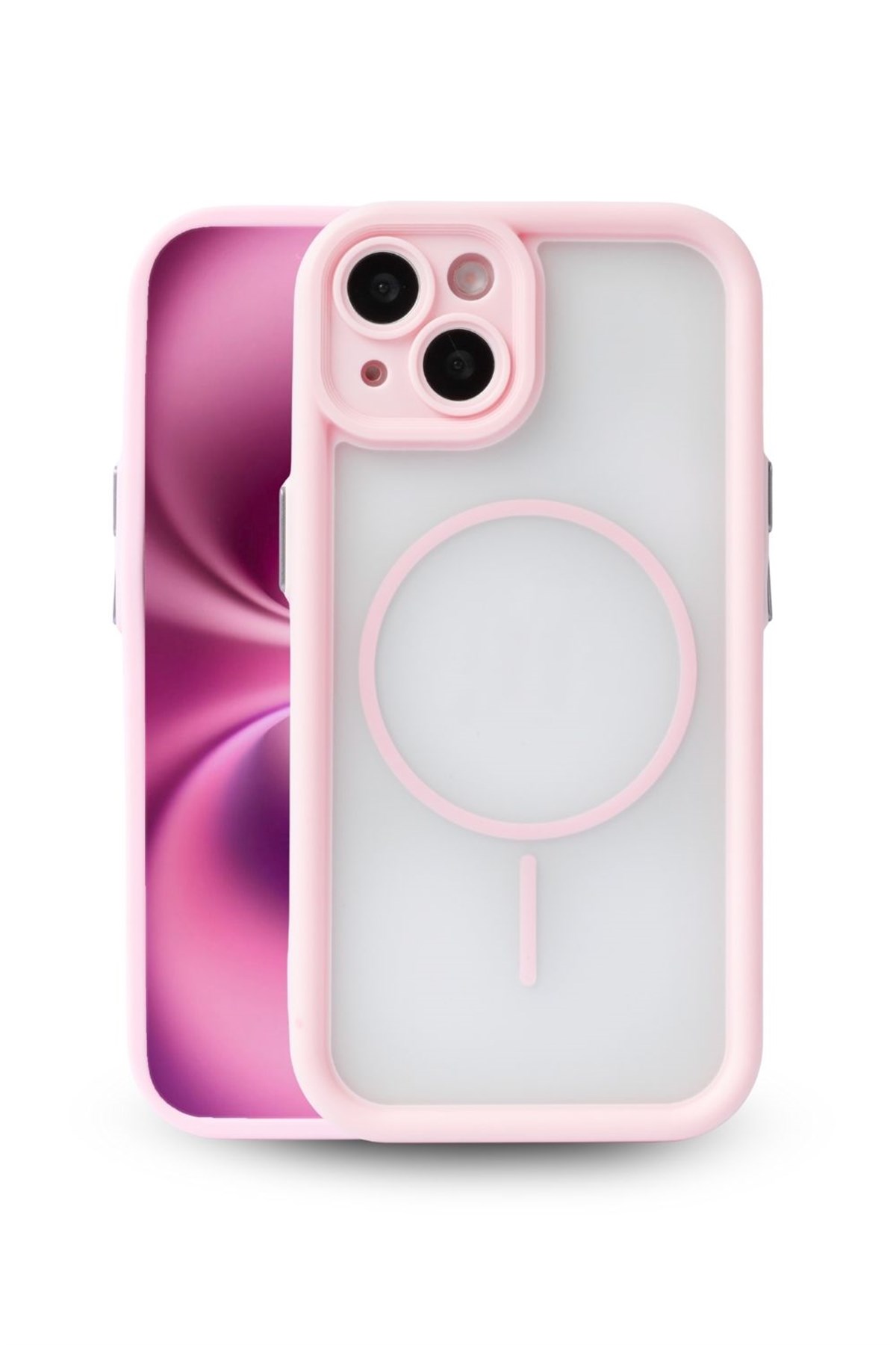 iPhone 15 Kılıf – Kamera Korumalı – MagSafe Uyumlu – Pembe Renk – Mat Silikon Telefon Kılıfı