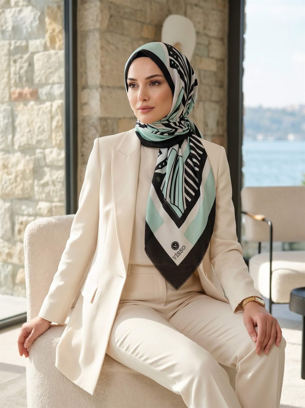 %100 İpek Yelpaze Desenli Su Yeşili - Siyah Renkli 92x210 Şal